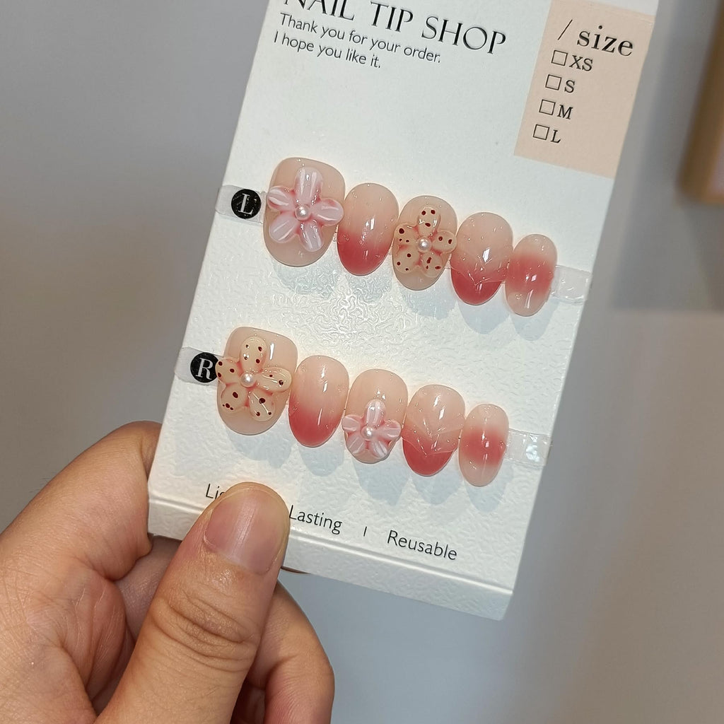 TENPAL Handmade Press On Nails Short Oval (10Pcs) – Coral Blush Gradient with Flower Details + Tools Kit