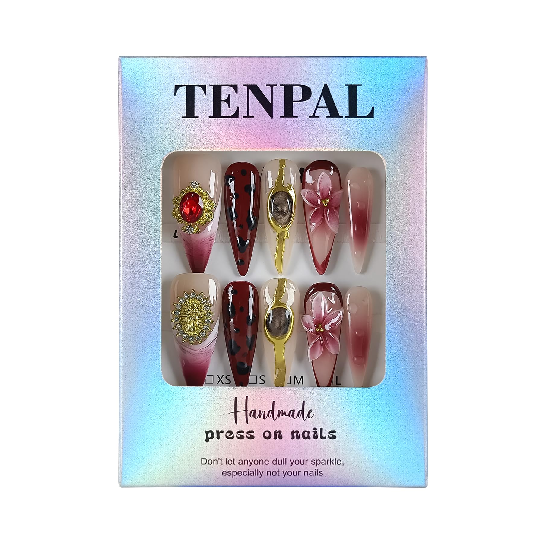 TENPAL Handmade Press-On Nails – Long Stiletto Burgundy Cat Eye 3D Leopard