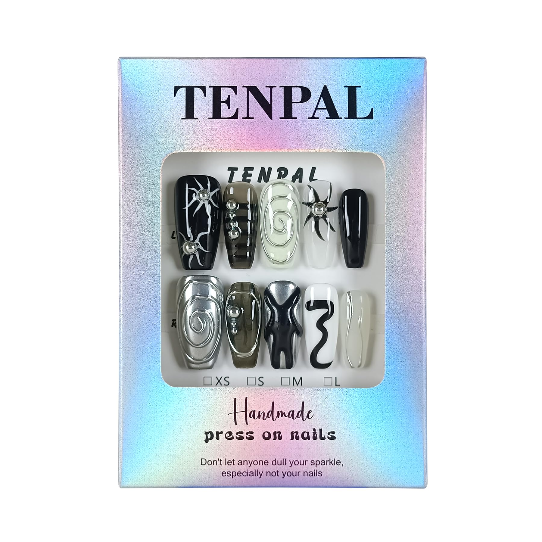 TENPAL Dark Silver Gothic Press On Nails – Long Coffin Shape, 3D Embossed Sun Design, Hand-Painted Art