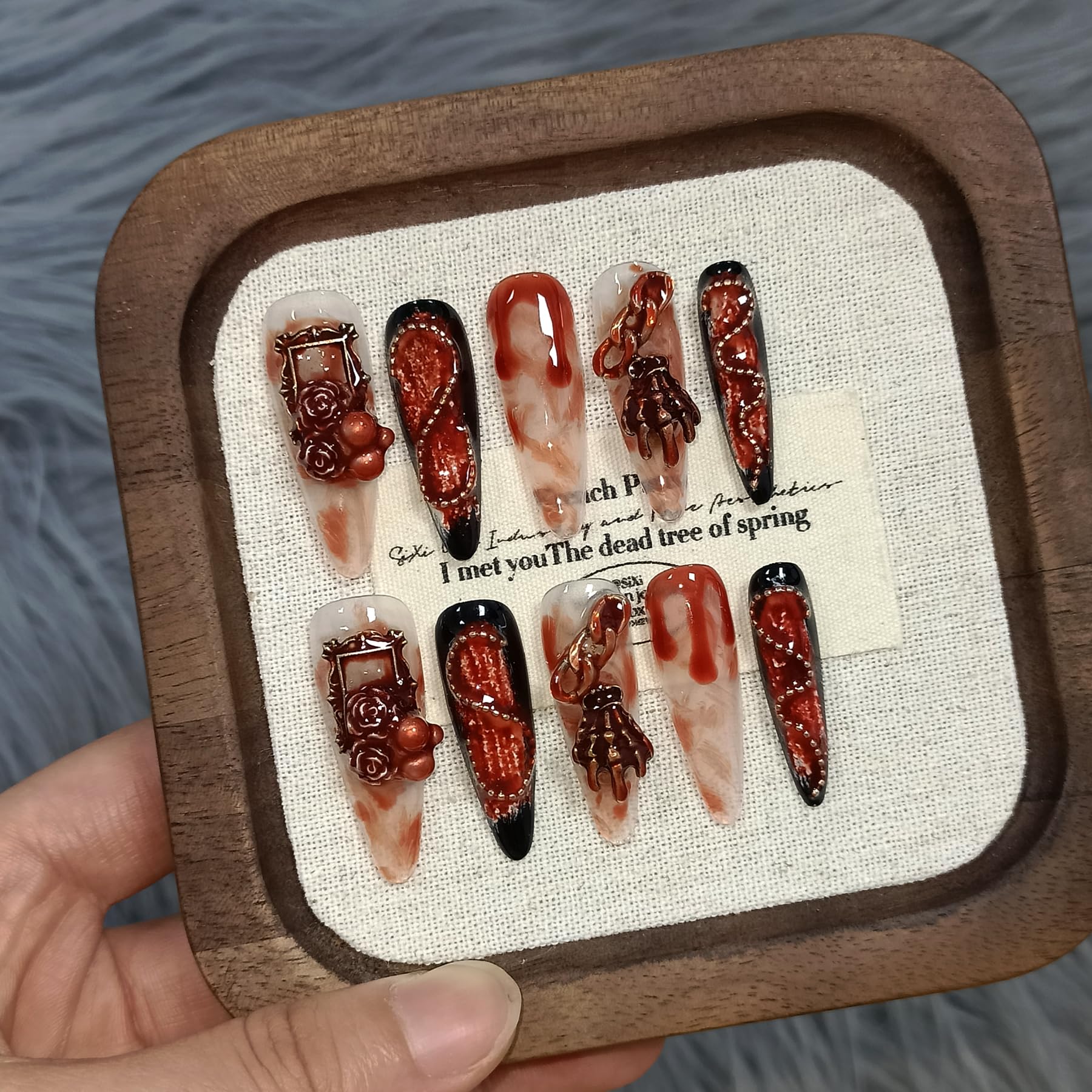 TENPAL 10Pcs Gothic Press On Nails with Tools – Blood Stain Black Red Long Stiletto & 3D Roses Skull Art