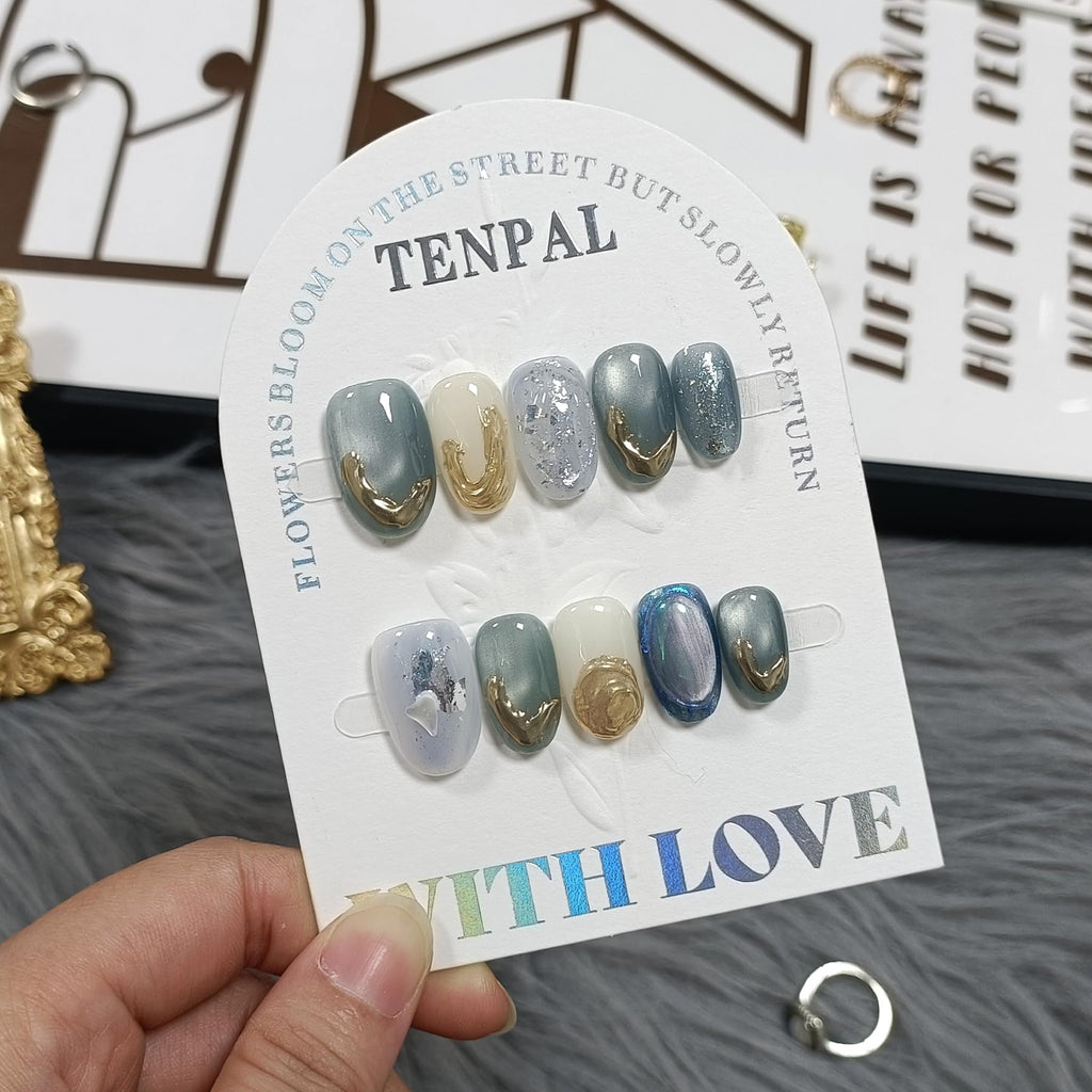 TENPAL Jade Cat Eye Glossy Press-On Nails Kit - Short Oval, Light Green Acrylic with Tools (XS)