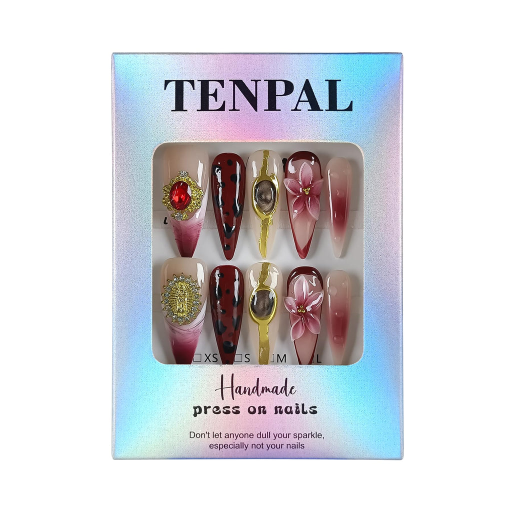 TENPAL Handmade Press On Nails – Burgundy Cat Eye, 3D Leopard, Long Stiletto