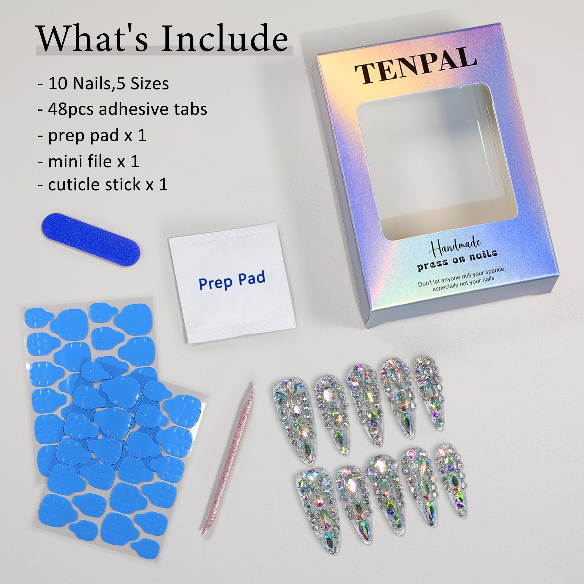 TENPAL 10Pcs Luxury Press On Nails – Long Stiletto, Crystal Glitter, Reusable Bridal Nail Set