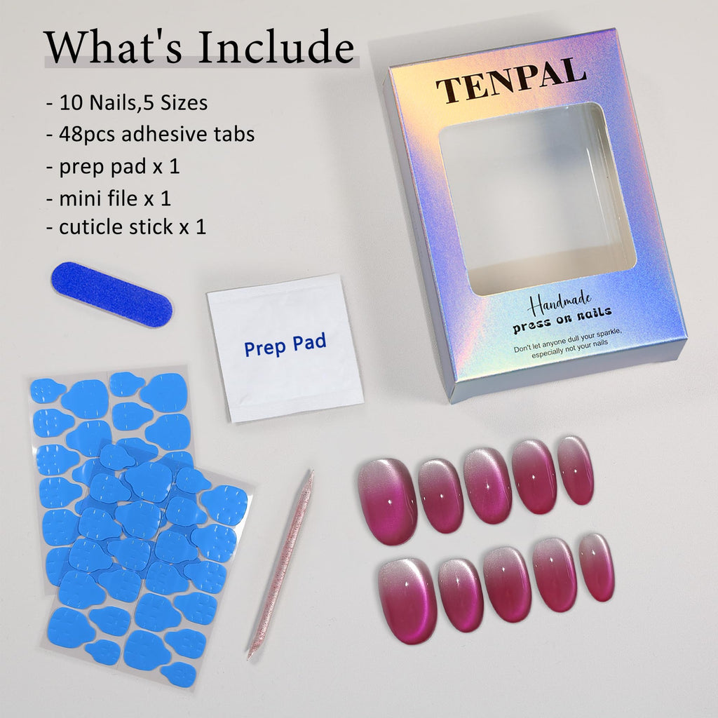 TENPAL Press On Nails 10 Pcs with Tools Kit (XS) – Peach Tea Rose Gradient Cat Eye, Short Oval