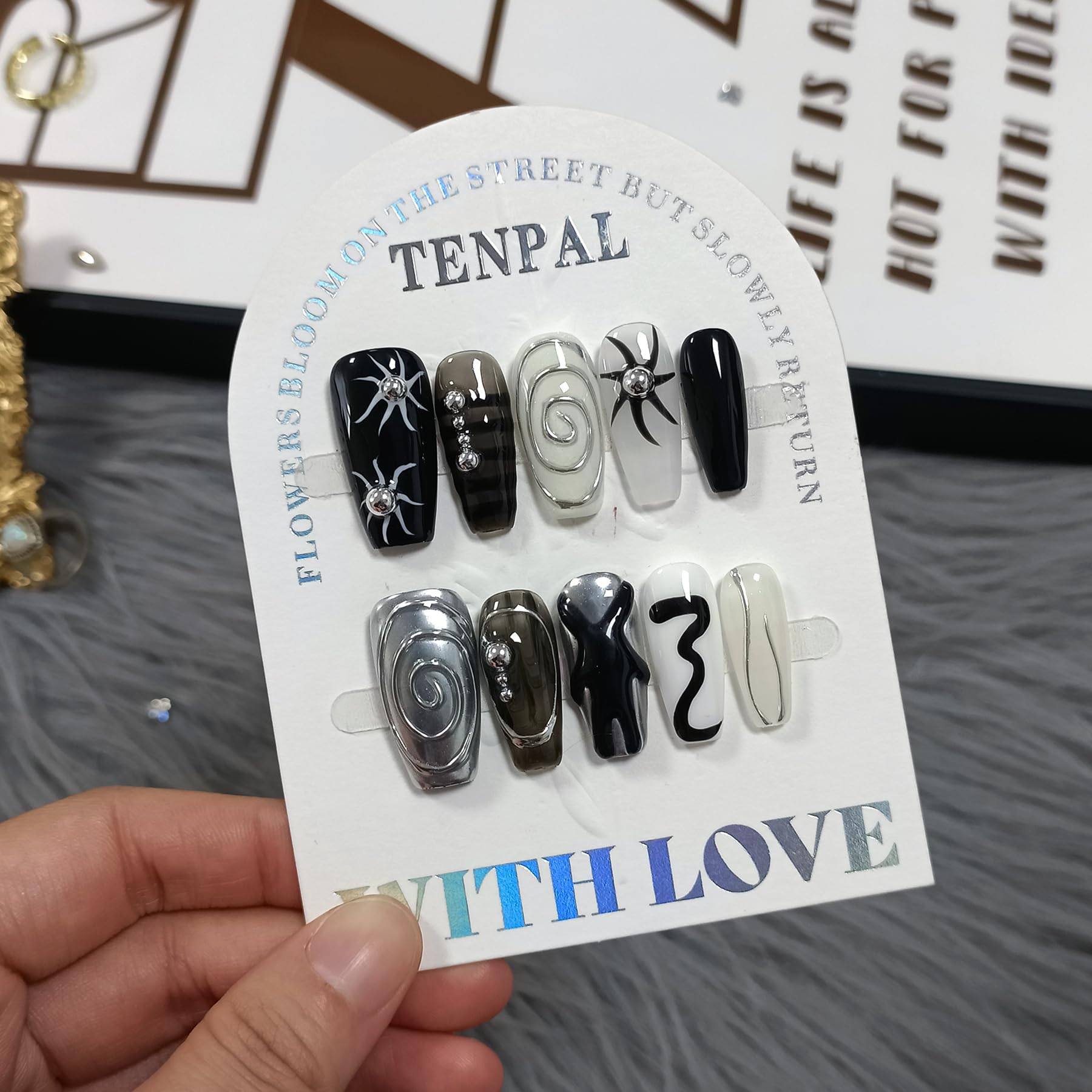 TENPAL Dark Silver Gothic Press On Nails – Long Coffin Shape, 3D Embossed Sun Design, Hand-Painted Art
