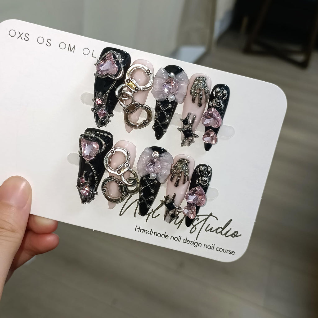 TENPAL 10Pcs Y2K Press On Nails with Tools – Handcuff Star Skull 3D Charms, Long Stiletto Glitter