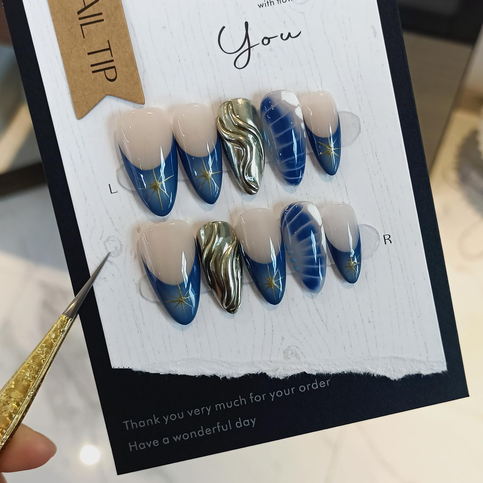 TENPAL Blue French Tip Press-On Nails – Almond (Medium), Size L, Metallic Star 3D Waves & Crocodile Pattern (10pcs)