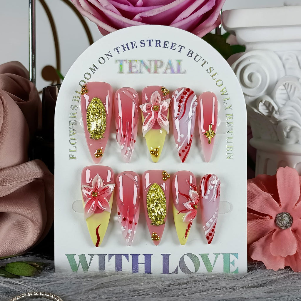 TENPAL Handmade Press-On Nails Long Stiletto – Vivid Red 3D Floral Blush Ombre | Glossy, Reusable