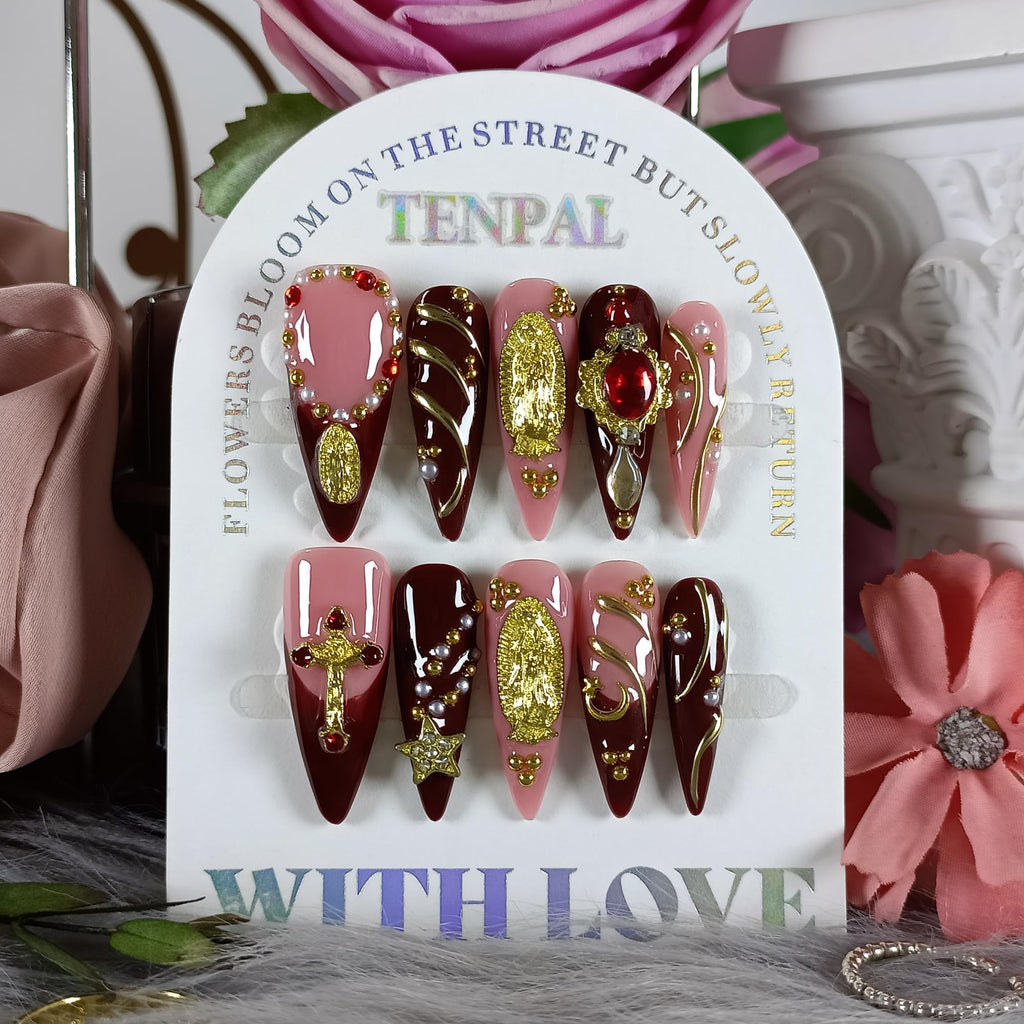 TENPAL Handmade Press On Nails Long Stiletto – Nude Pink Wine Cross Design | Chapelcore Y2K Nails