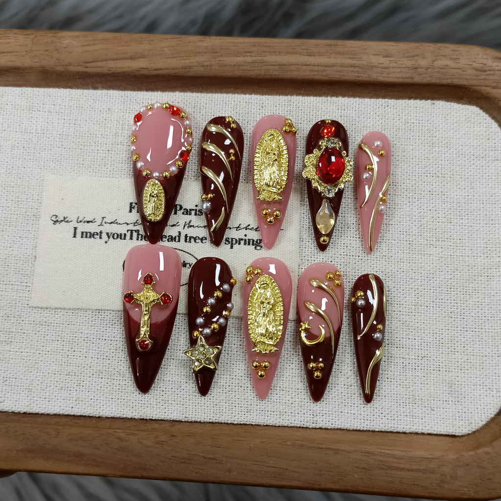 TENPAL Handmade Press On Nails Long Stiletto – Nude Pink Wine Cross Design | Chapelcore Y2K Nails