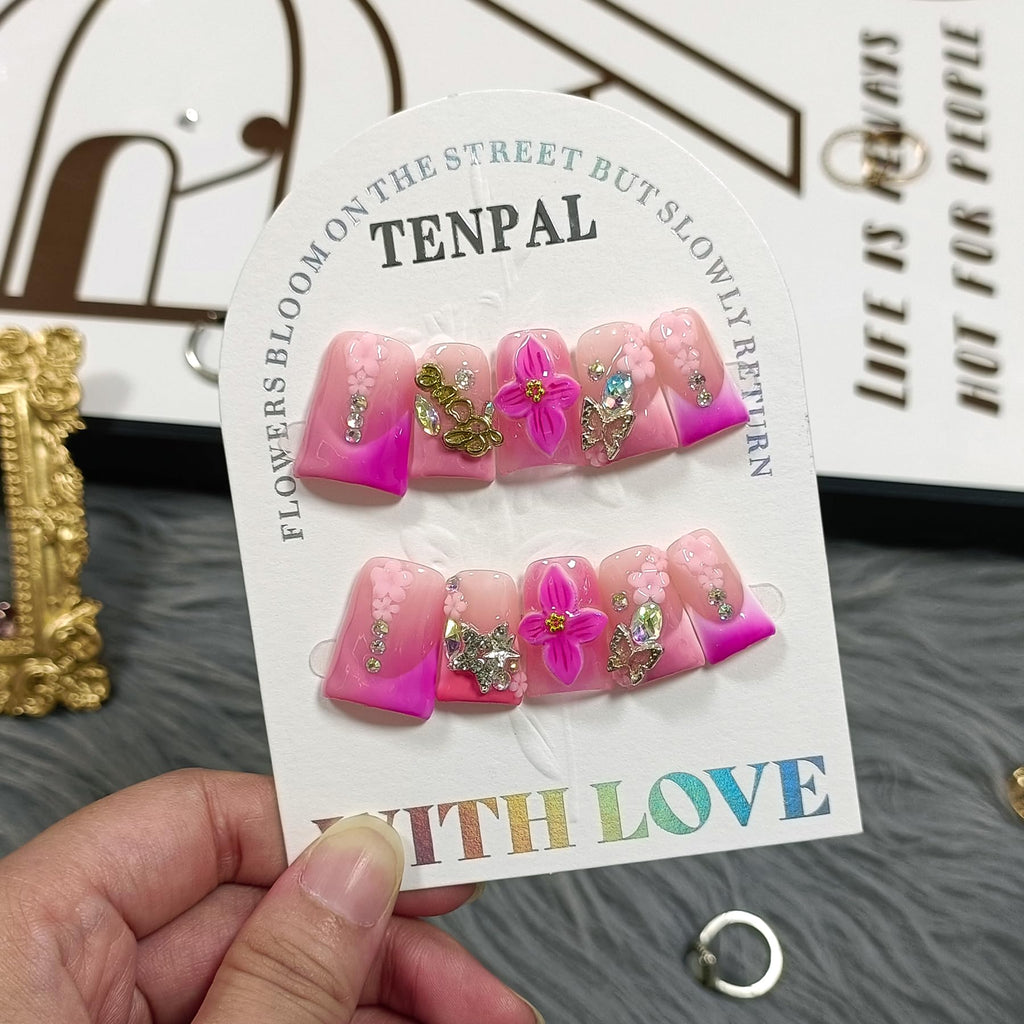 TENPAL Short Duckbill Press-On Nails – Pink Blushing French Tip with 3D Flower Bow (10pcs)