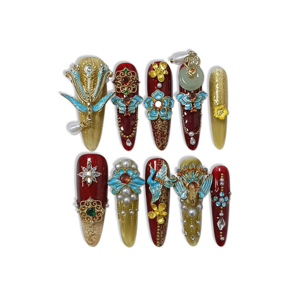 TENPAL 10Pcs Heirloom Bridal Press-On Nails – Red Gold Phoenix Dragon Designs, Long Stiletto