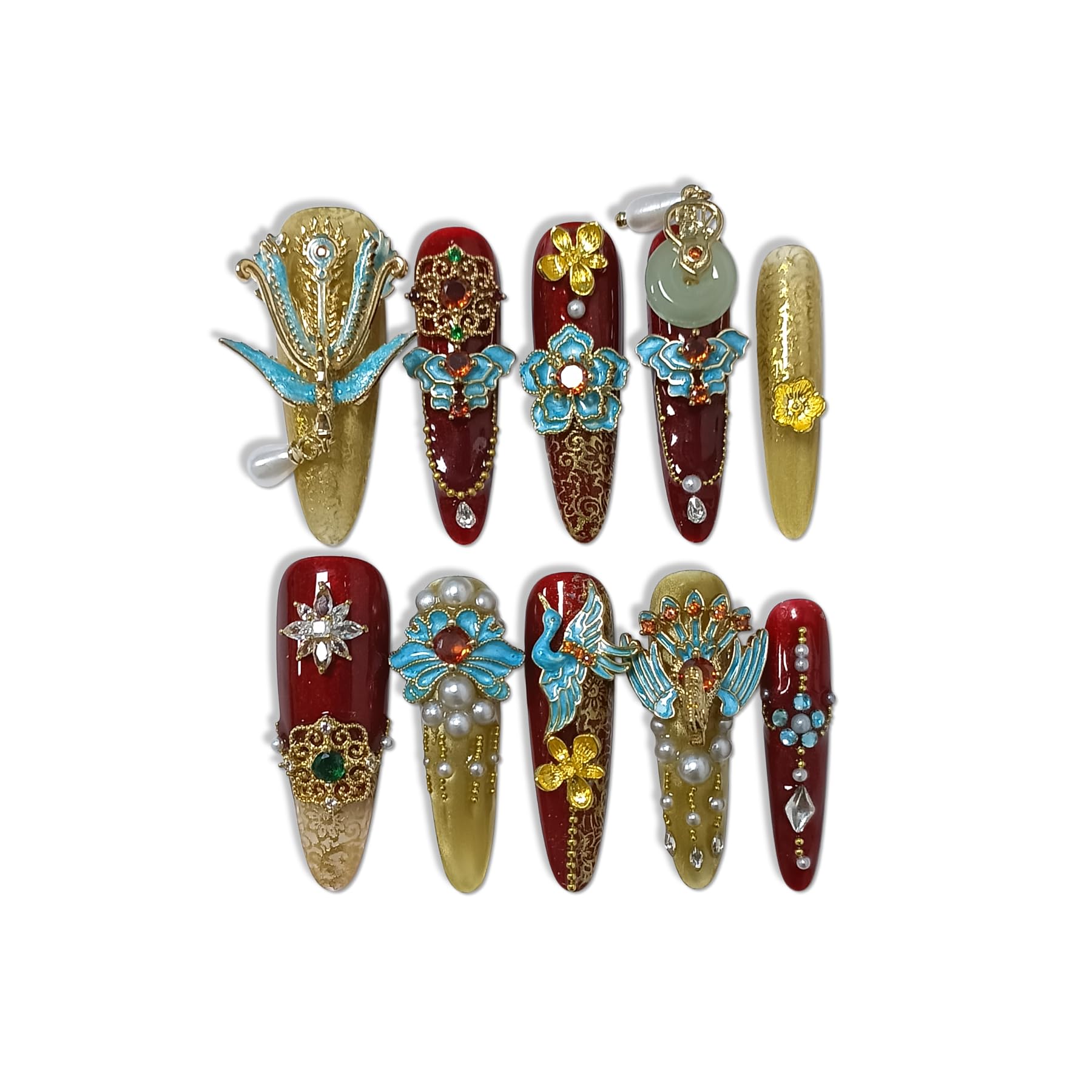 TENPAL 10Pcs Heirloom Bridal Press-On Nails – Red Gold Phoenix Dragon Designs, Long Stiletto