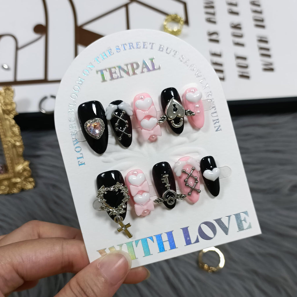 TENPAL 10Pcs Y2K Press On Nails with Tools – Ebony & Pink Almond, 3D Heart Bow & Cross Charms
