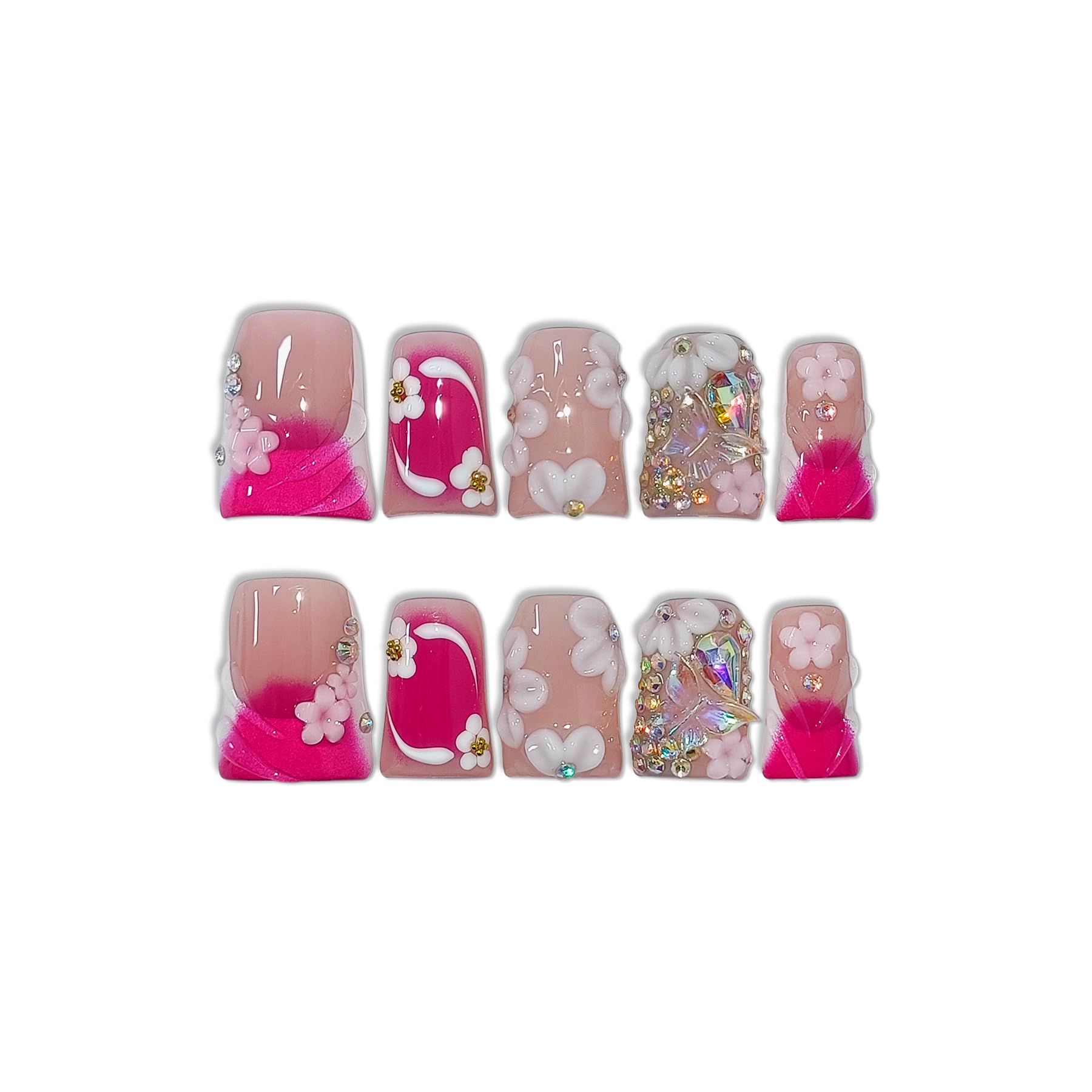 TENPAL 10Pcs Handmade Press-On Duck Nails with Charms – Glossy Pink French Tips