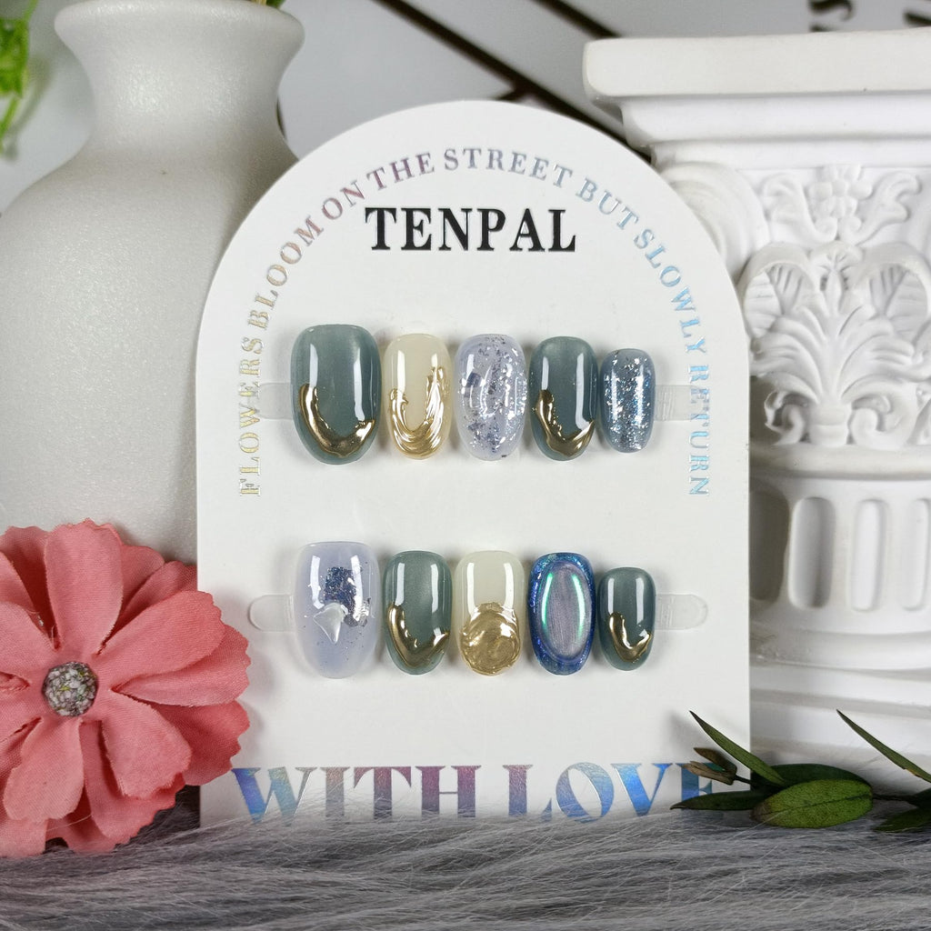 TENPAL Jade Cat Eye Glossy Press-On Nails Kit - Short Oval, Light Green Acrylic with Tools (XS)