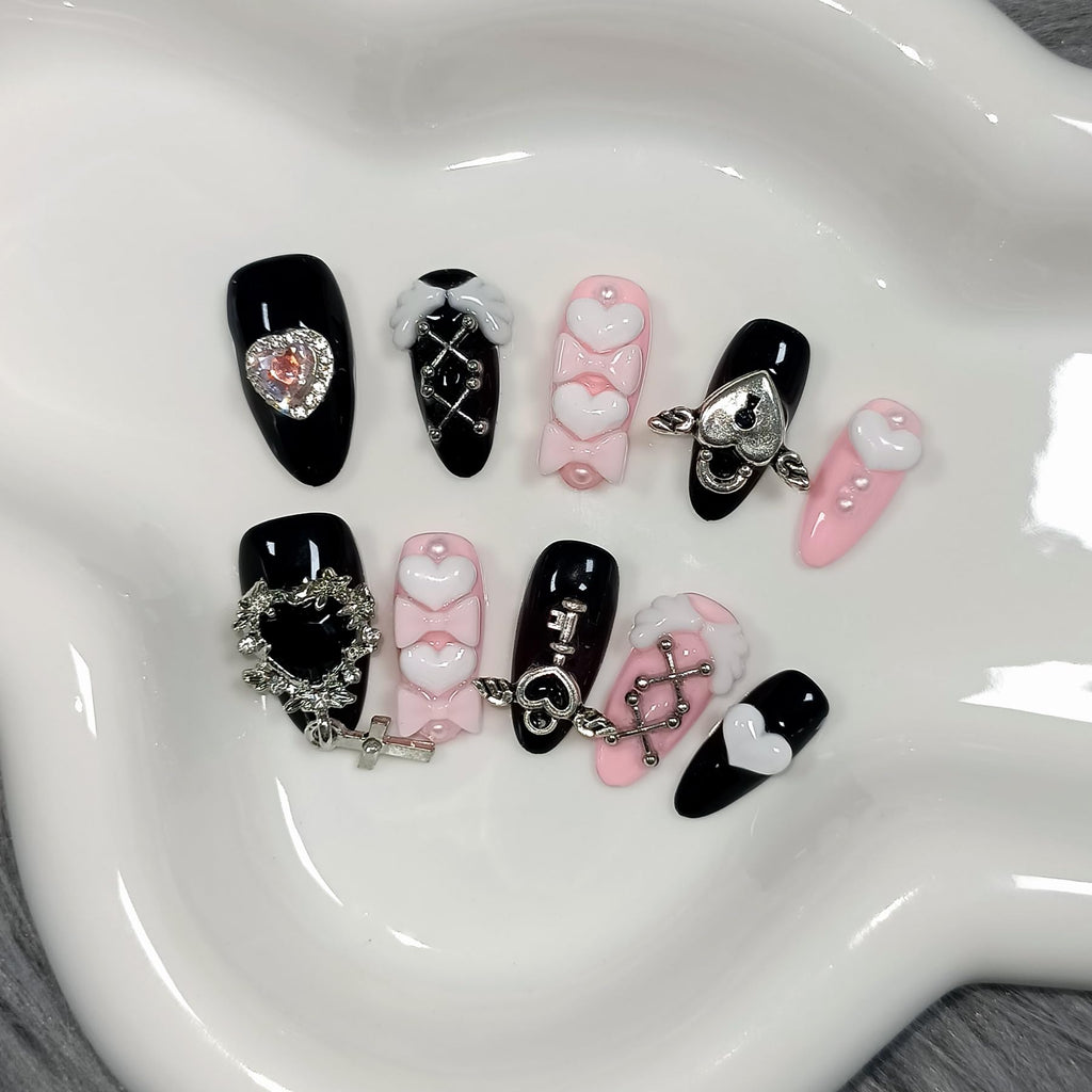TENPAL 10Pcs Y2K Press On Nails with Tools – Ebony & Pink Almond, 3D Heart Bow & Cross Charms