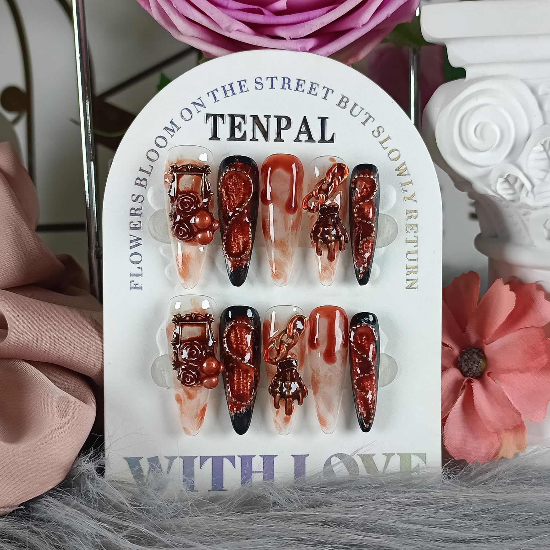 TENPAL 10Pcs Gothic Press On Nails with Tools – Blood Stain Black Red Long Stiletto & 3D Roses Skull Art