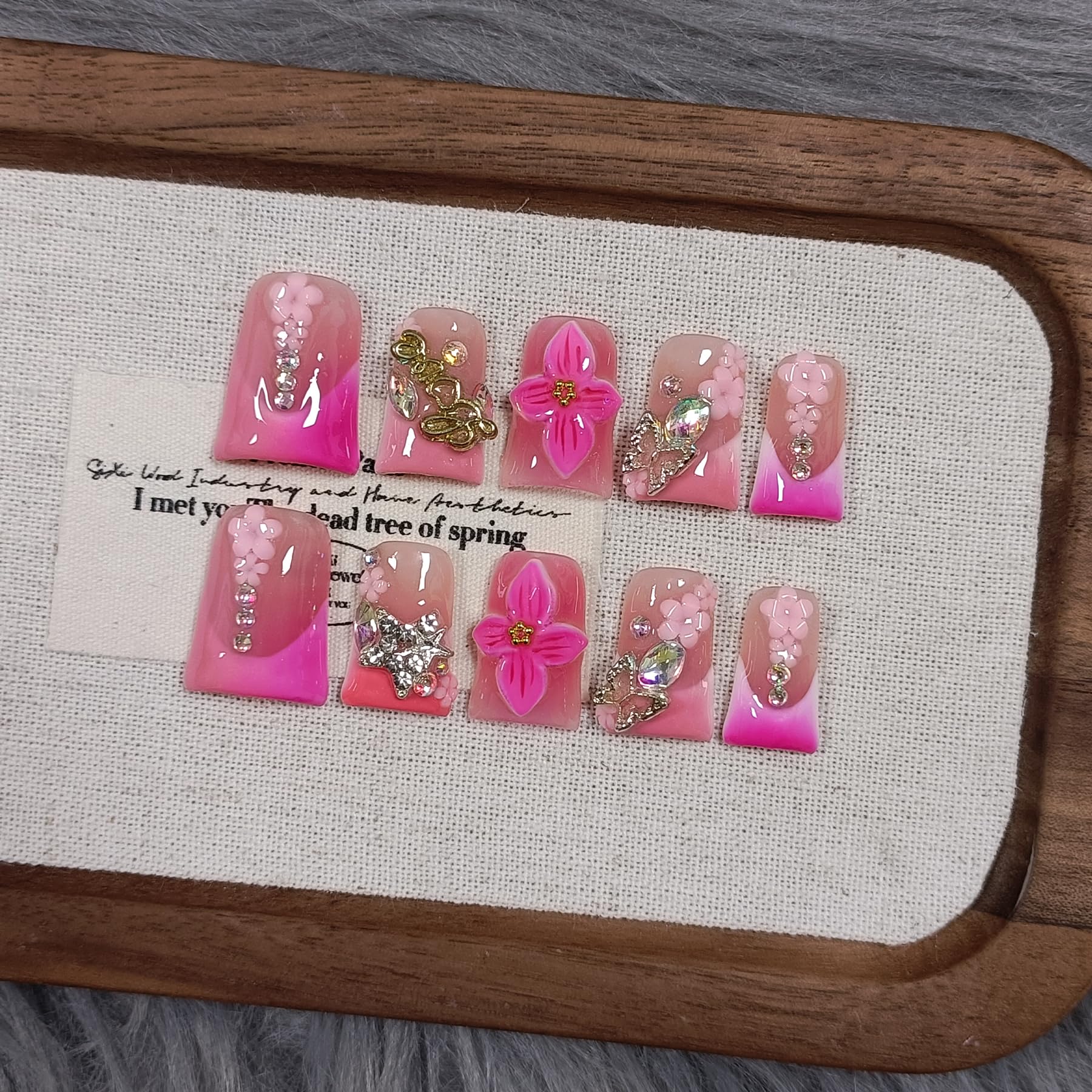 TENPAL Short Duckbill Press-On Nails – Pink Blushing French Tip with 3D Flower Bow (10pcs)