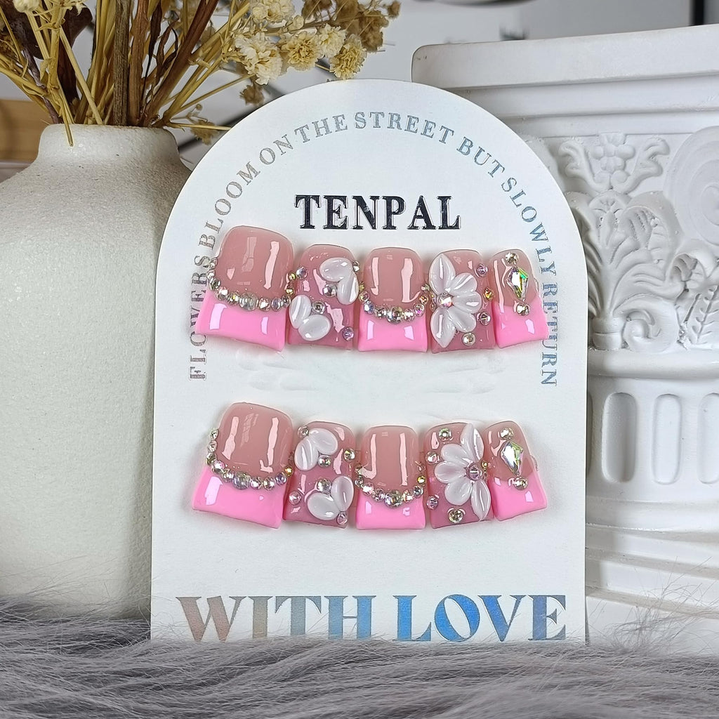 TENPAL Duckbill Shape Handmade Press On Nails Kit | Pink French Floral with 3D Flowers