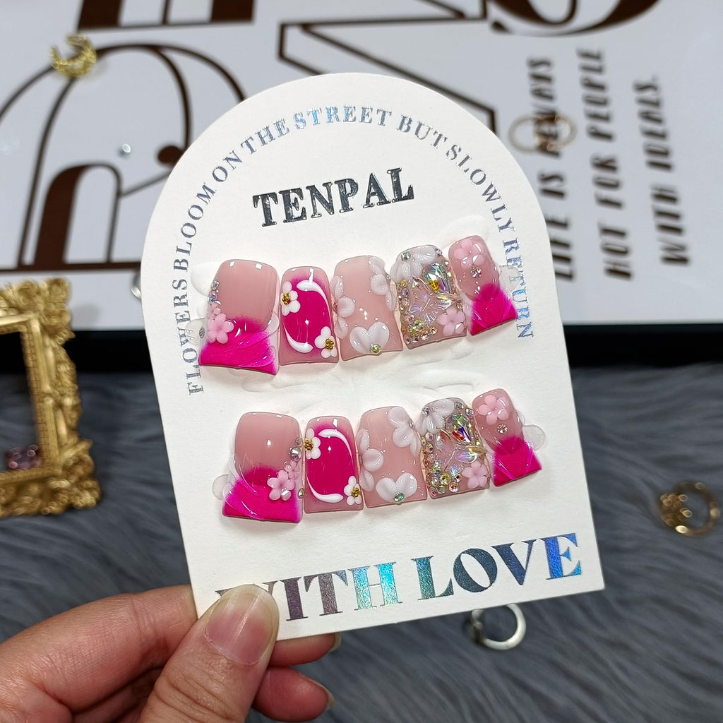 TENPAL 10Pcs Handmade Press-On Duck Nails with Charms – Glossy Pink French Tips
