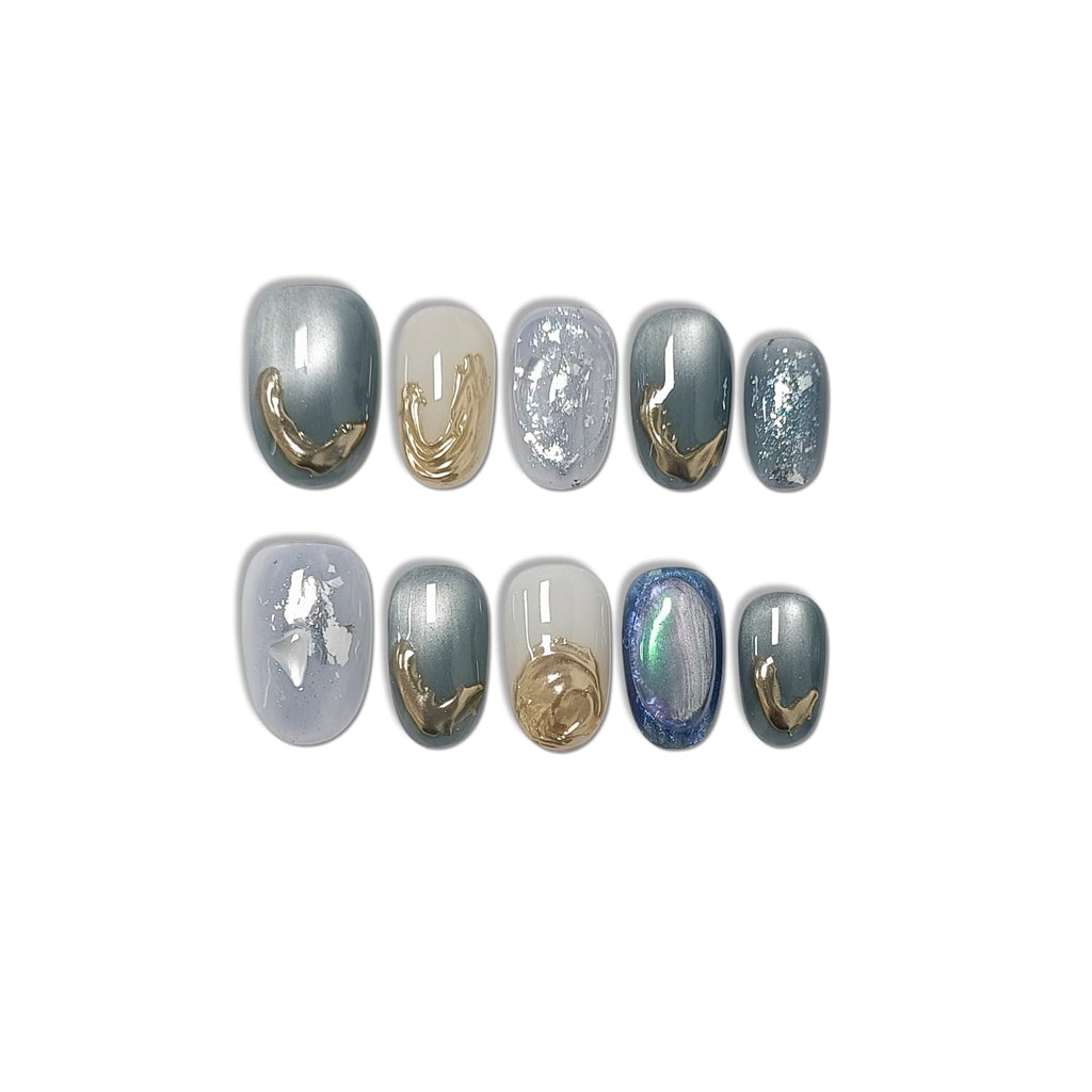 TENPAL Jade Cat Eye Glossy Press-On Nails Kit - Short Oval, Light Green Acrylic with Tools (XS)