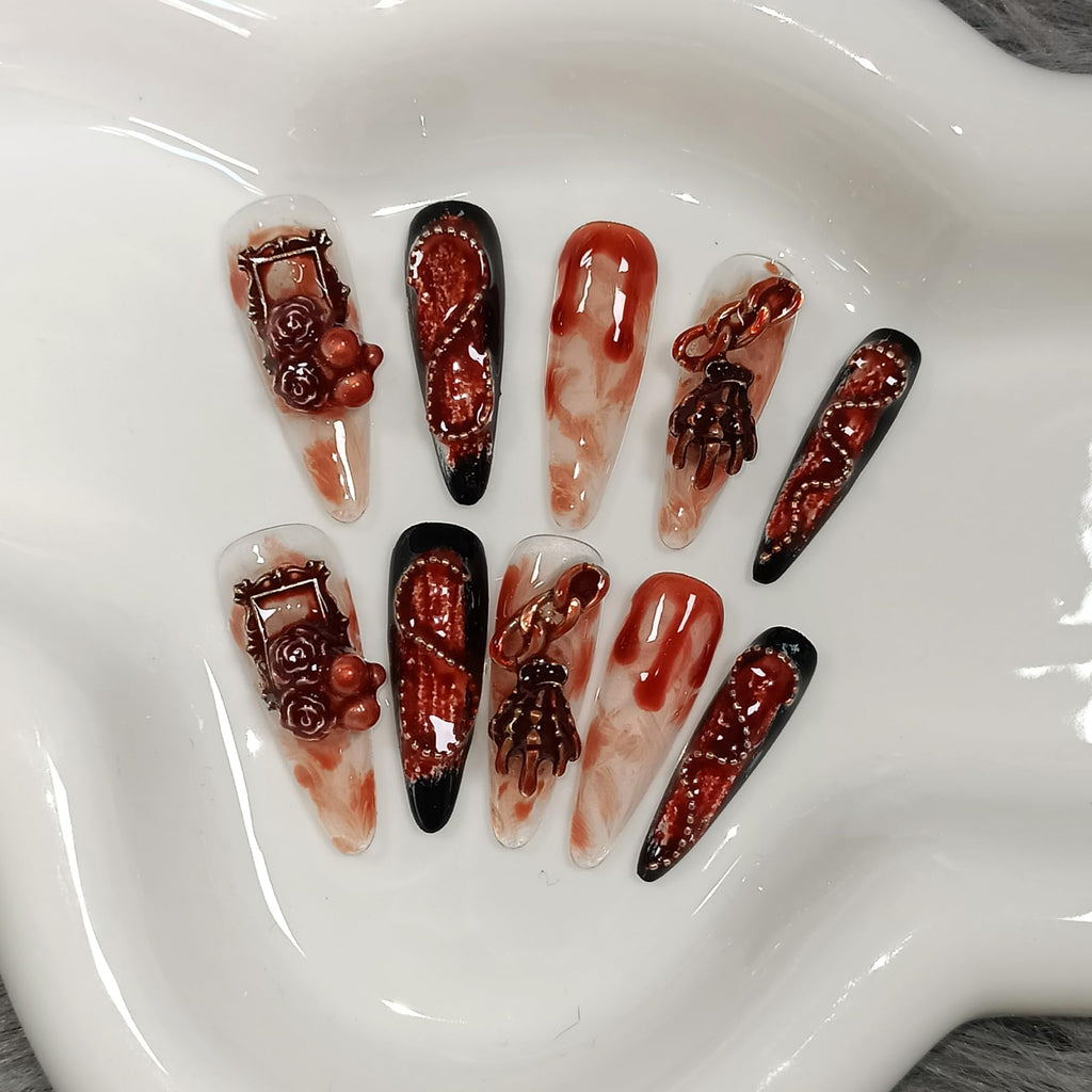 TENPAL 10Pcs Gothic Press On Nails with Tools – Blood Stain Black Red Long Stiletto & 3D Roses Skull Art