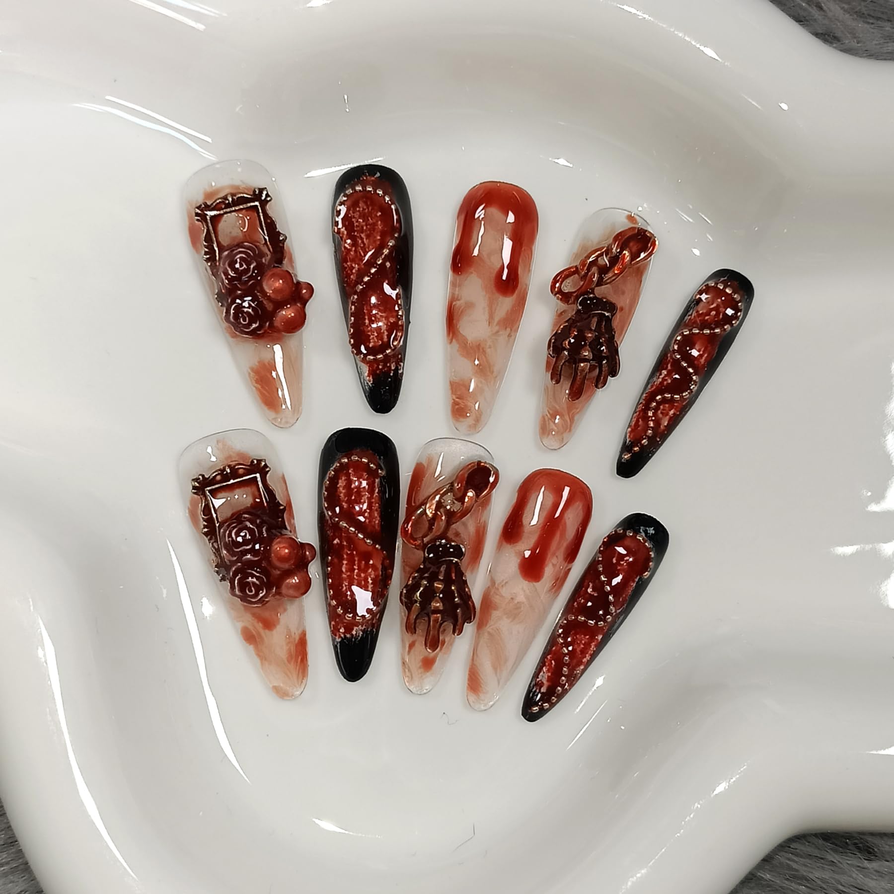 TENPAL 10Pcs Gothic Press On Nails with Tools – Blood Stain Black Red Long Stiletto & 3D Roses Skull Art