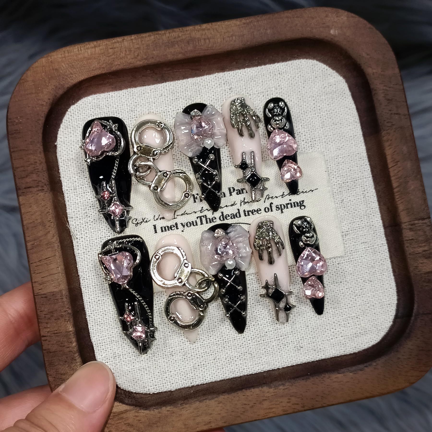 TENPAL 10Pcs Y2K Press On Nails with Tools – Handcuff Star Skull 3D Charms, Long Stiletto Glitter