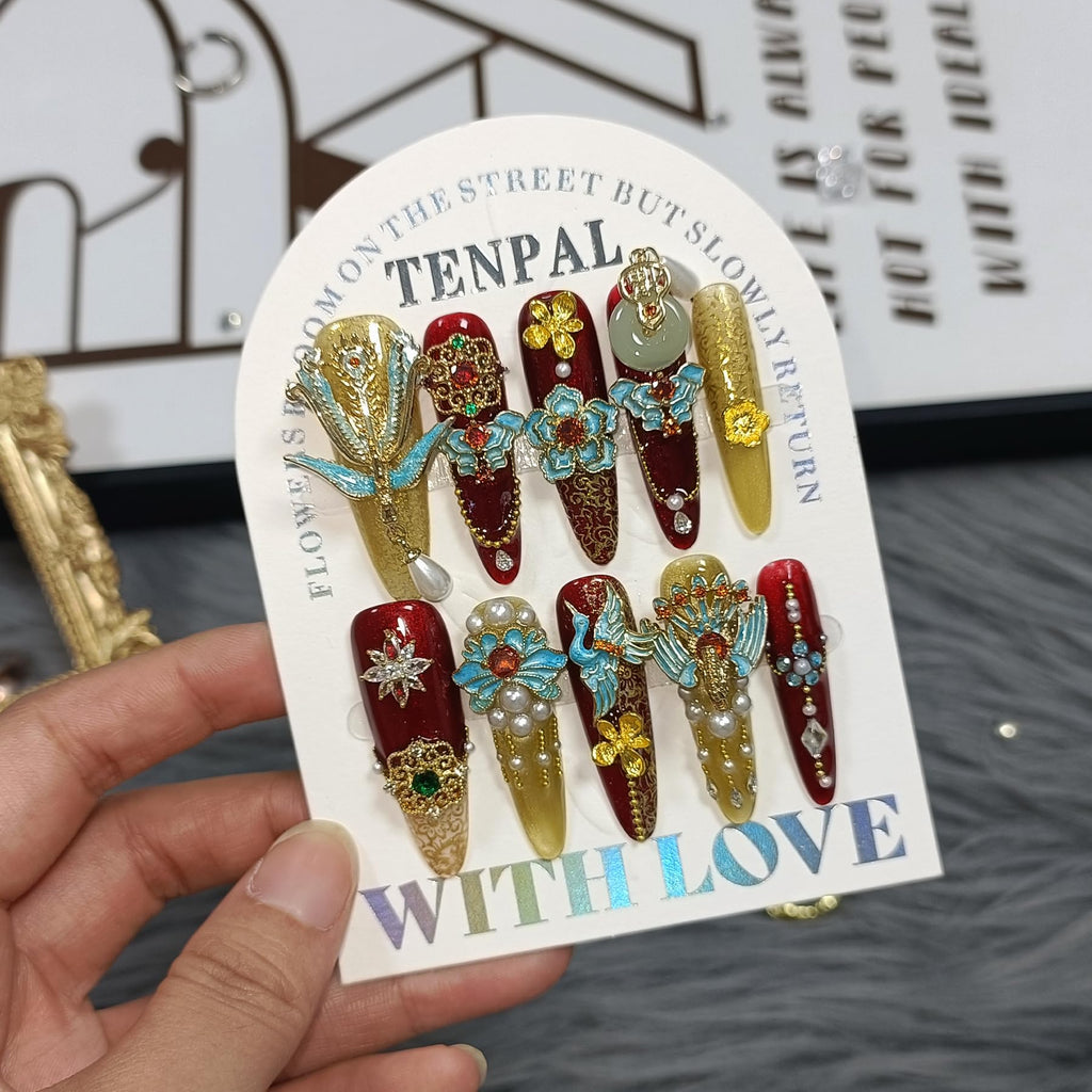 TENPAL 10Pcs Heirloom Bridal Press-On Nails – Red Gold Phoenix Dragon Designs, Long Stiletto
