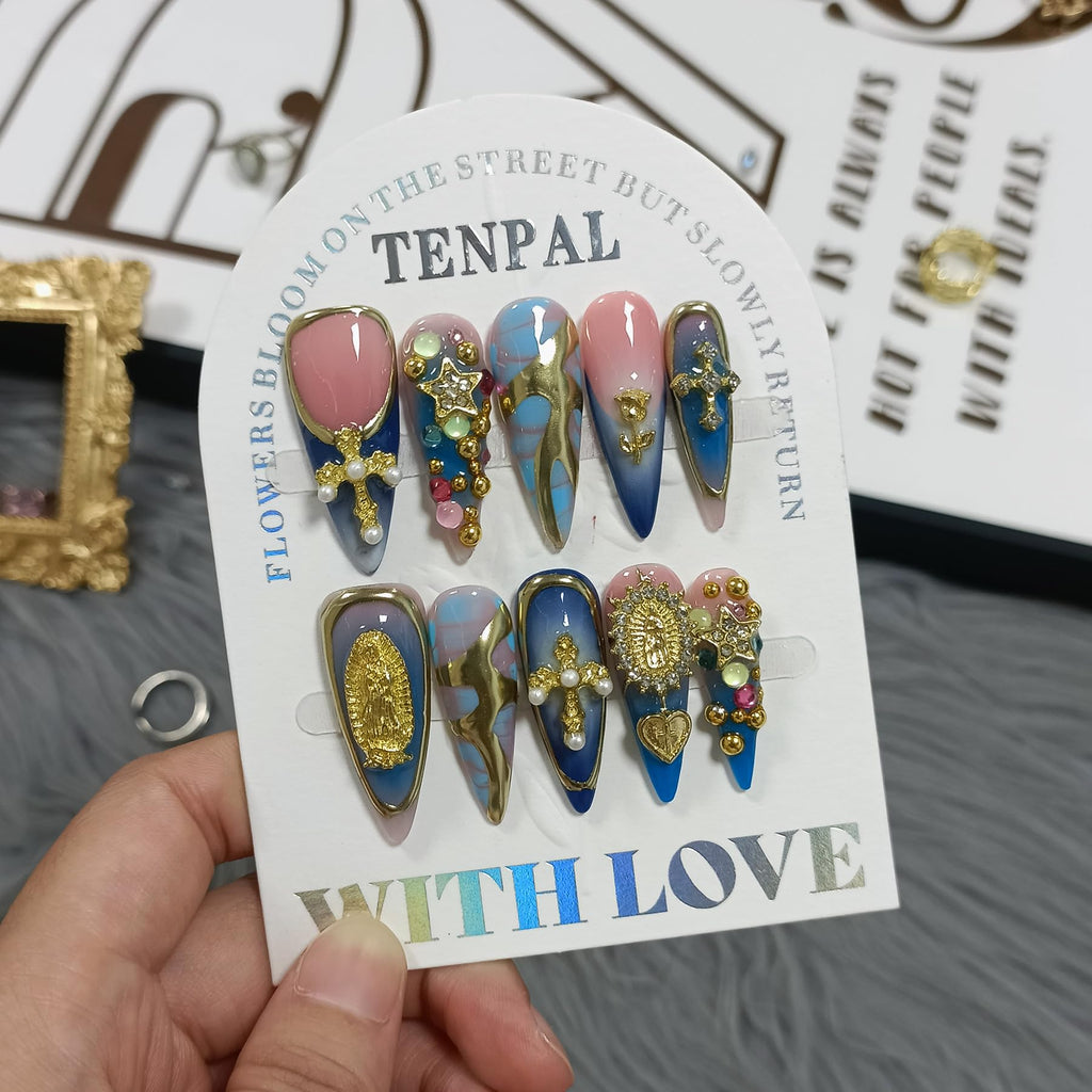 TENPAL 10Pcs Handmade Gothic Press On Nails with Tools – Purple-Blue Snake Ombre Long Stiletto