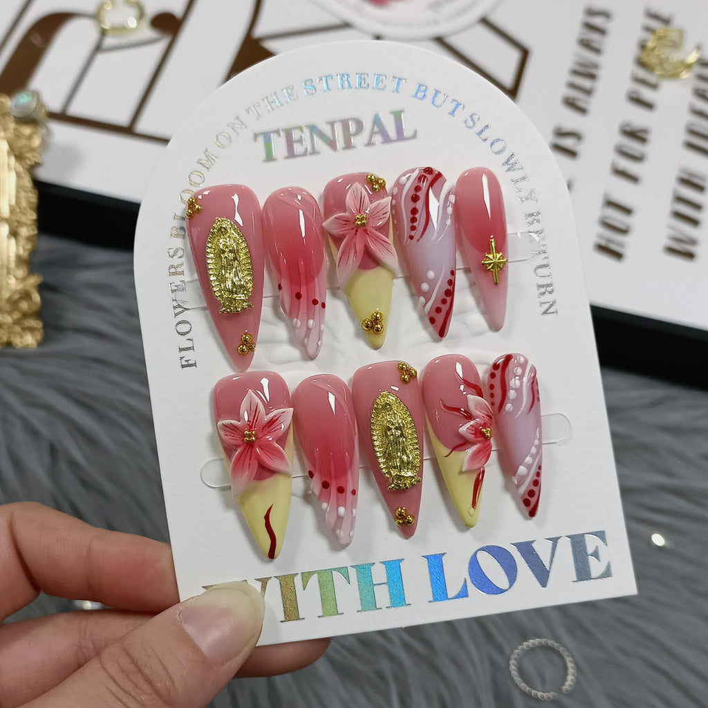 TENPAL Handmade Press-On Nails Long Stiletto – Vivid Red 3D Floral Blush Ombre | Glossy, Reusable