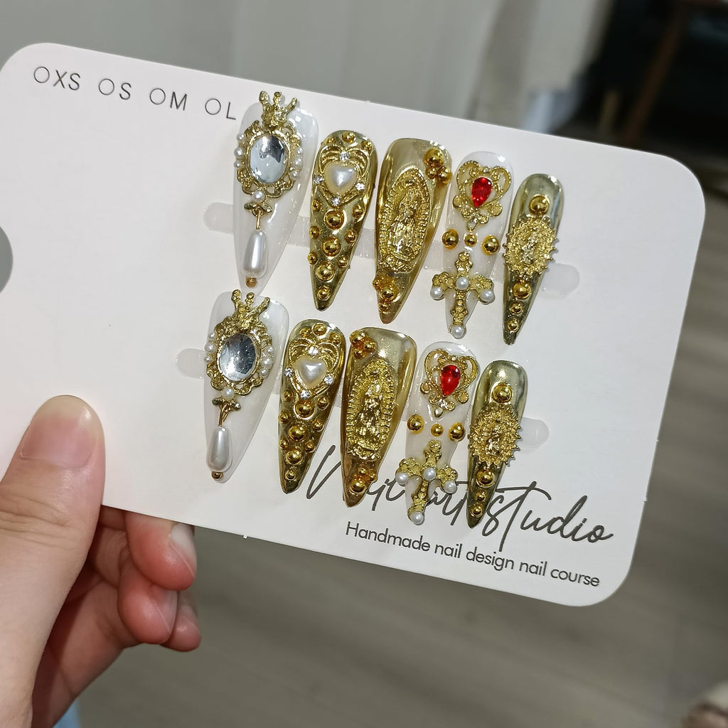 TENPAL 10Pcs Handmade Royal Press On Nails – Gold Stiletto with Pearl & Celestial Charms + Tools