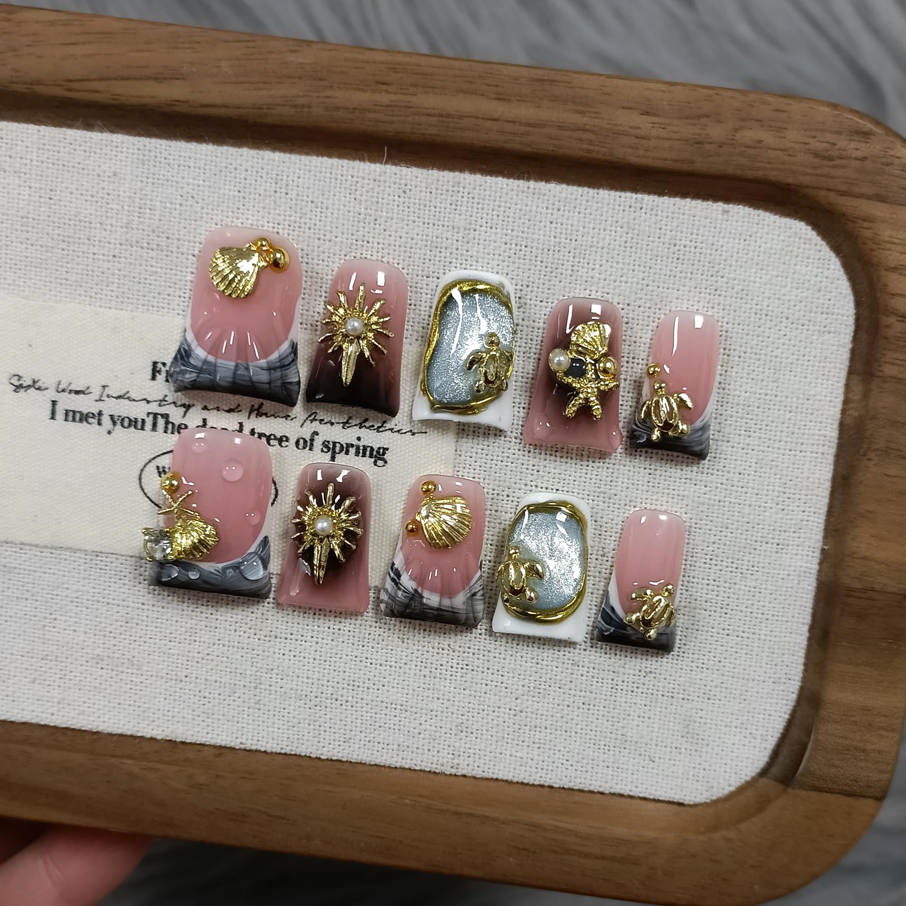 TENPAL Duckbill Press On Nails – Cat Eye Ocean Metal Design, 10-Piece Glitter Nails
