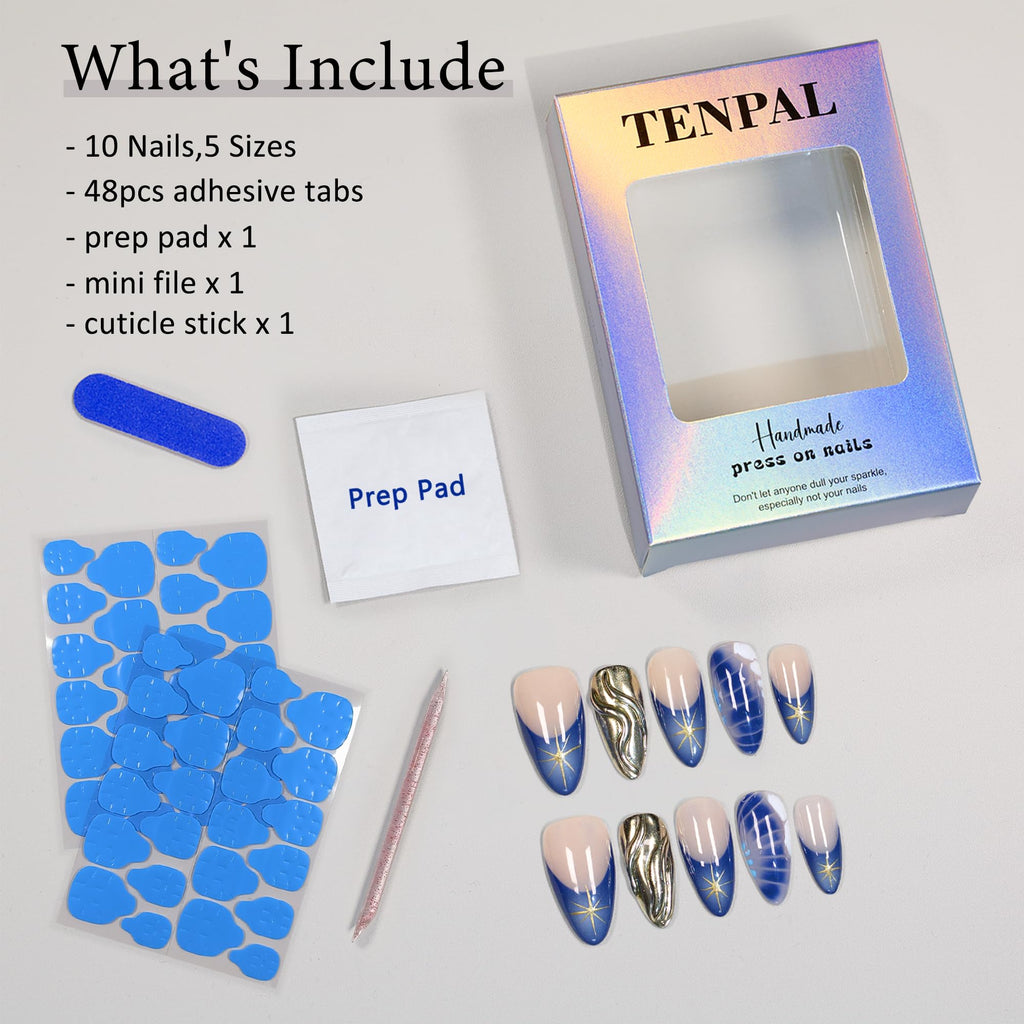 TENPAL Blue French Tip Press-On Nails – Almond (Medium), Size L, Metallic Star 3D Waves & Crocodile Pattern (10pcs)