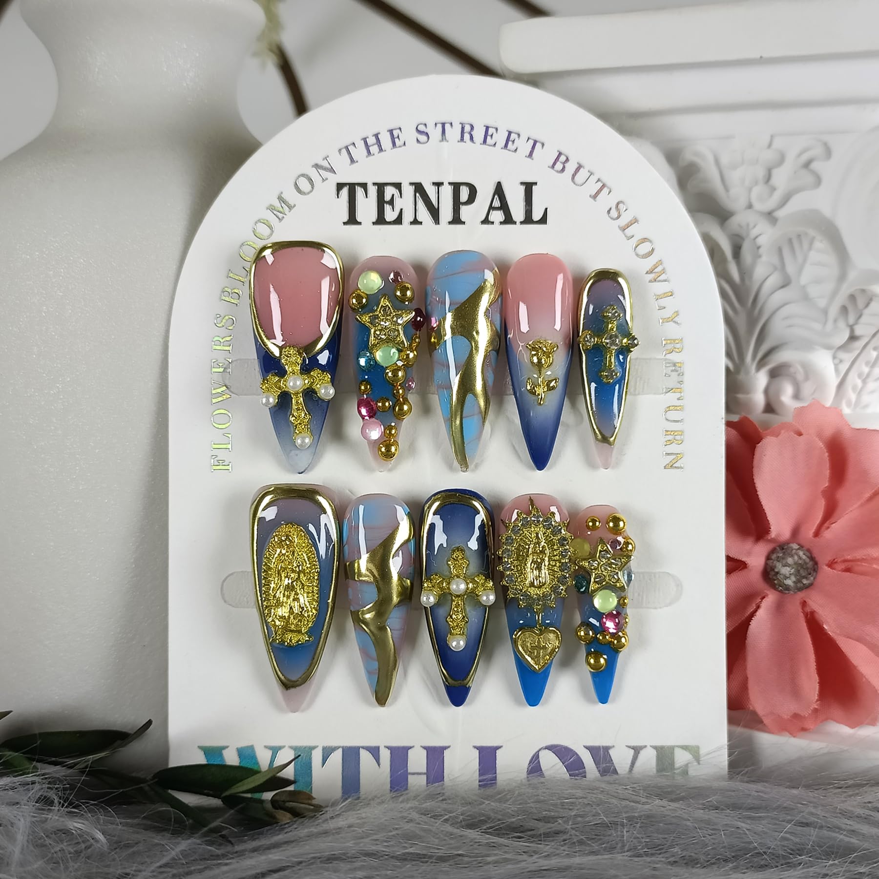 TENPAL 10Pcs Handmade Gothic Press On Nails with Tools – Purple-Blue Snake Ombre Long Stiletto