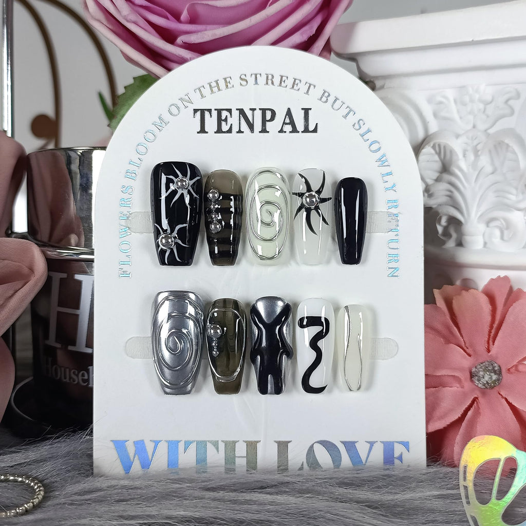 TENPAL Dark Silver Gothic Press On Nails – Long Coffin Shape, 3D Embossed Sun Design, Hand-Painted Art