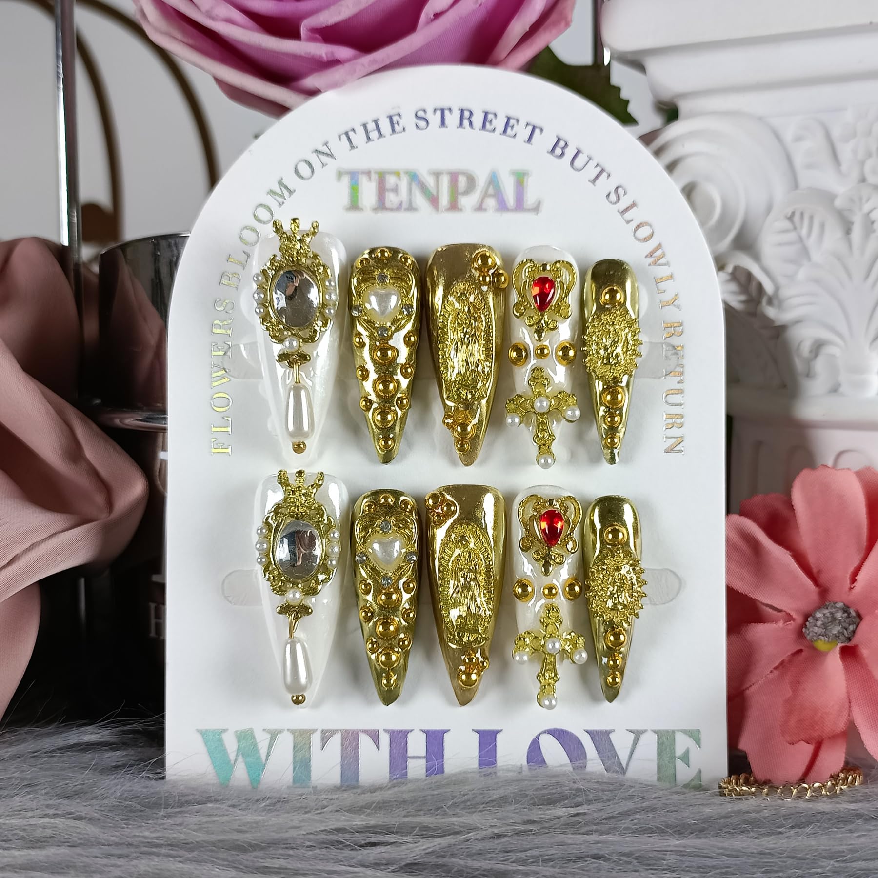 TENPAL 10Pcs Handmade Royal Press On Nails – Gold Stiletto with Pearl & Celestial Charms + Tools