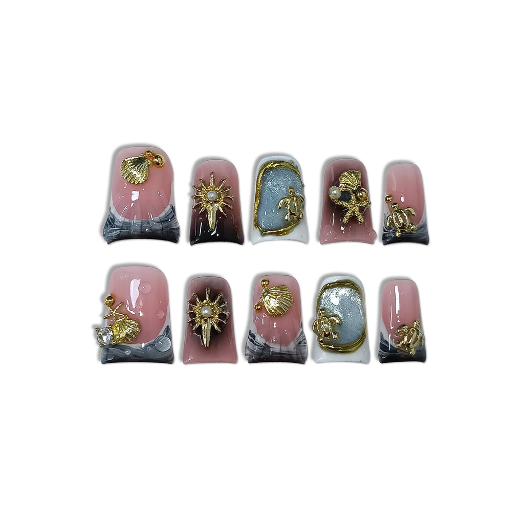 TENPAL Duckbill Press On Nails – Cat Eye Ocean Metal Design, 10-Piece Glitter Nails