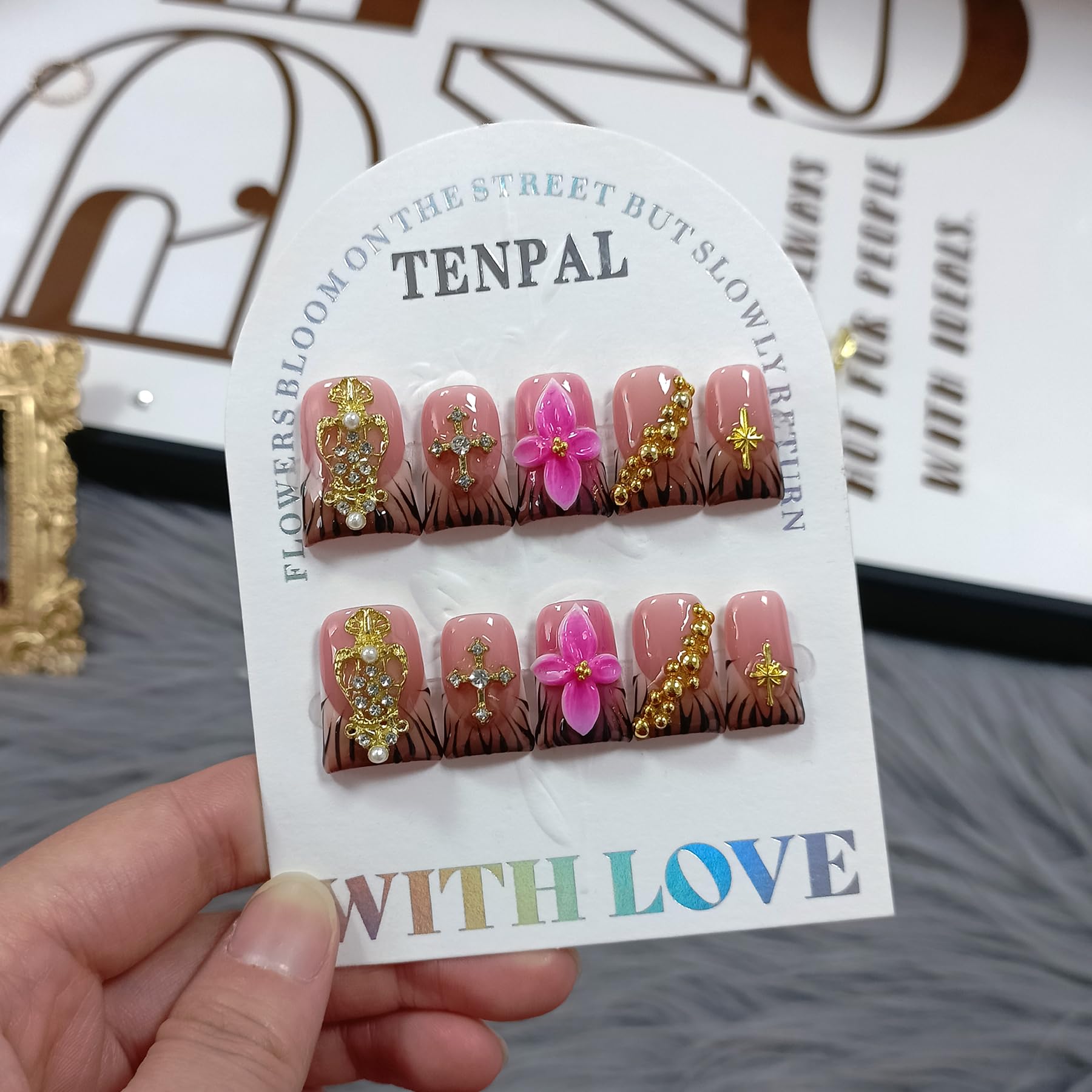 TENPAL Handmade Duckbill Press-On Nails – Zebra Print & Pink Floral with 3D Cross Studs
