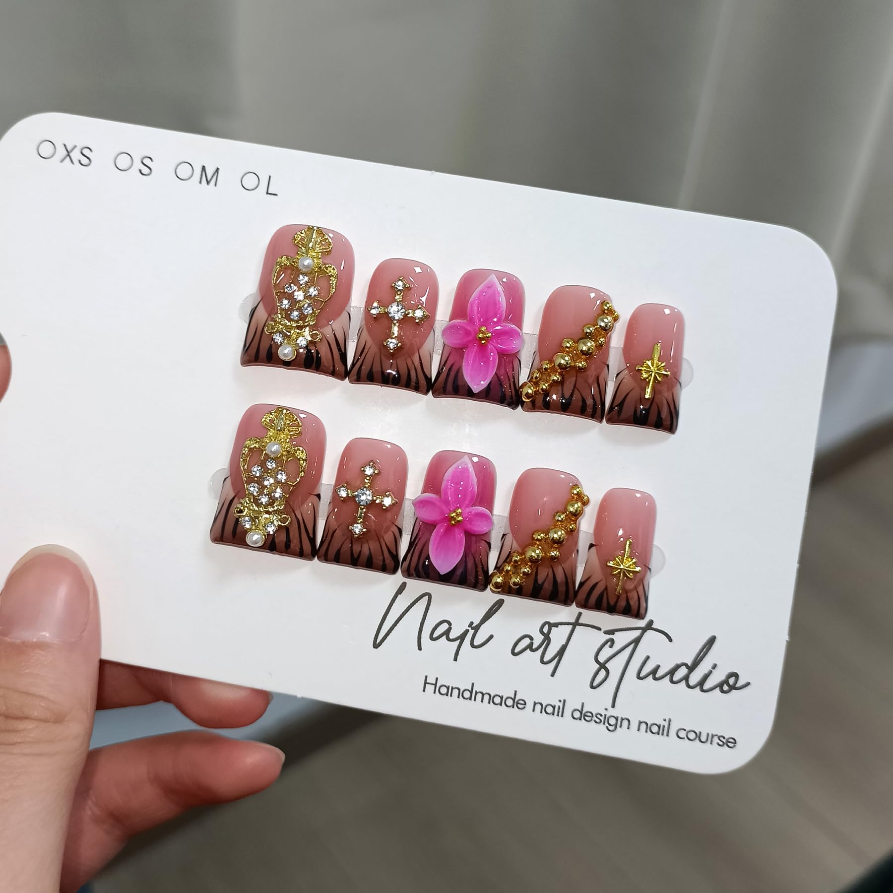 TENPAL Handmade Duckbill Press-On Nails – Zebra Print & Pink Floral with 3D Cross Studs