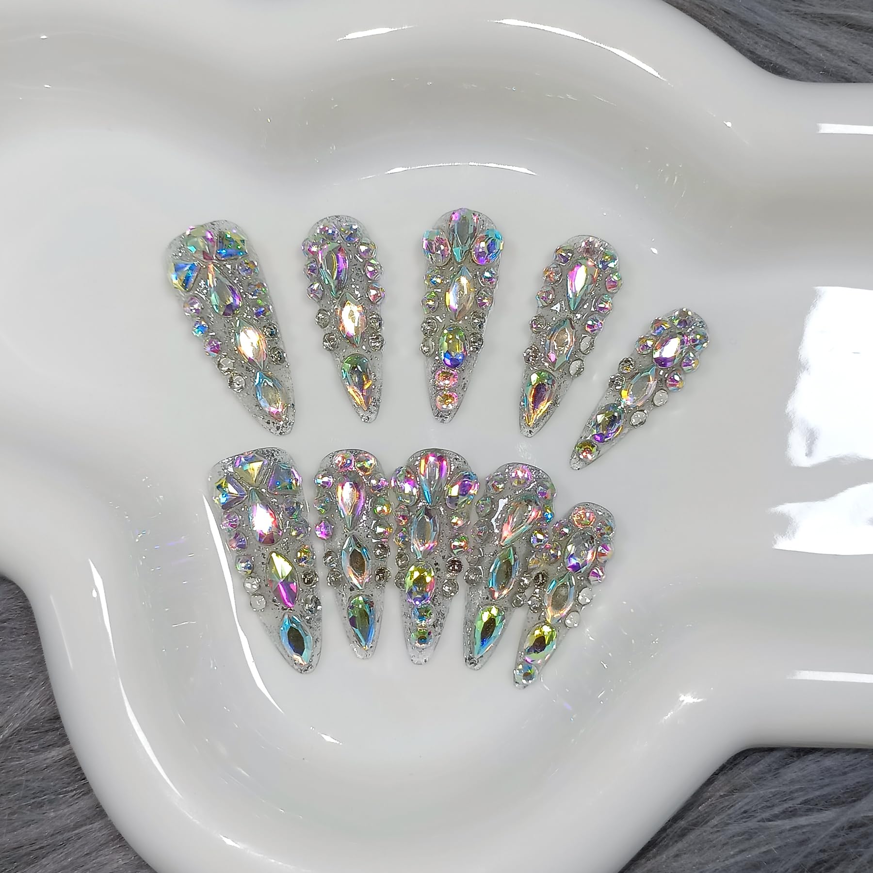 TENPAL 10Pcs Luxury Press On Nails – Long Stiletto, Crystal Glitter, Reusable Bridal Nail Set