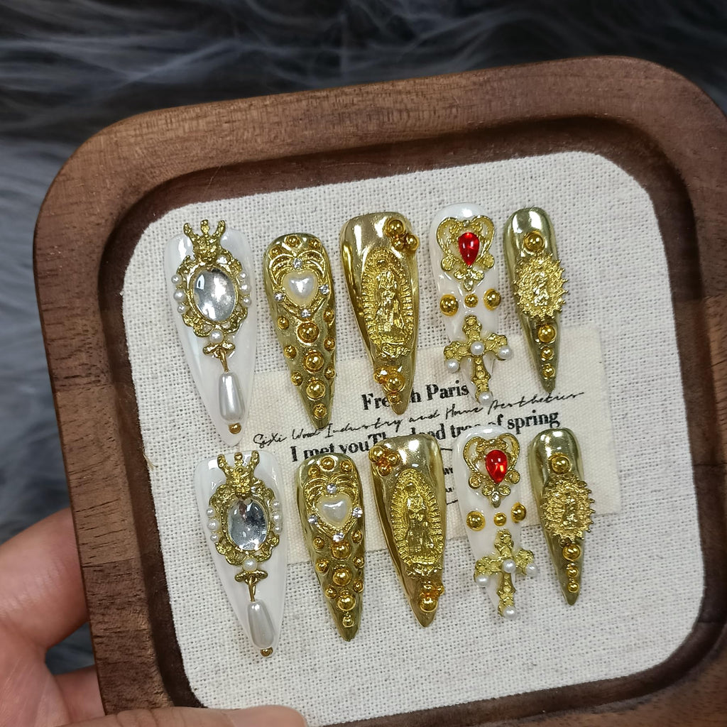 TENPAL 10Pcs Handmade Royal Press On Nails – Gold Stiletto with Pearl & Celestial Charms + Tools