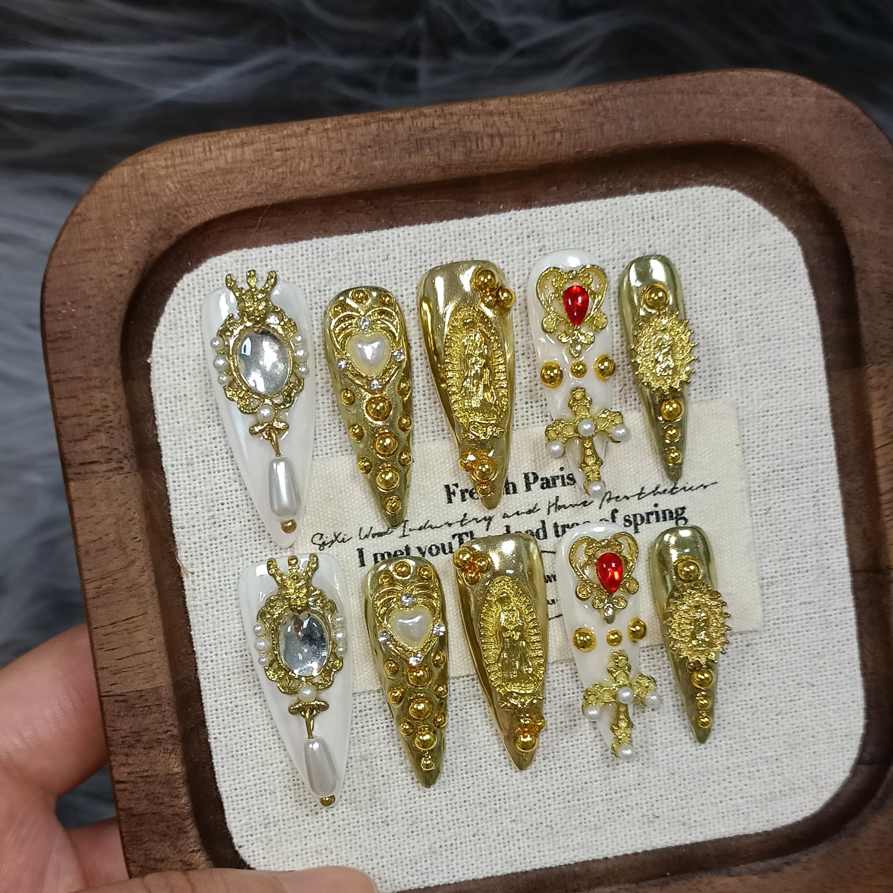 TENPAL 10Pcs Handmade Royal Press On Nails – Gold Stiletto with Pearl & Celestial Charms + Tools