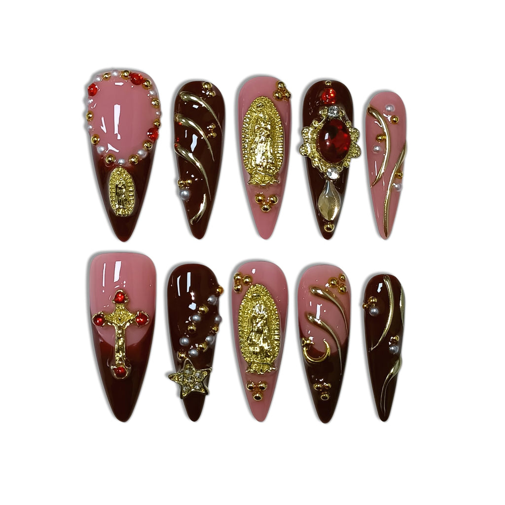 TENPAL Handmade Press-On Nails Long Stiletto – Nude Pink Wine Cross Design with 3D Charm