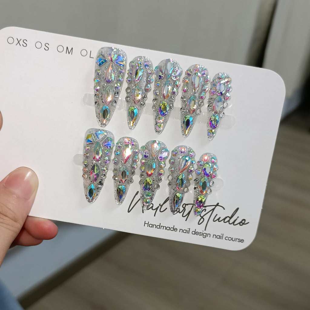 TENPAL 10Pcs Luxury Press On Nails – Long Stiletto, Crystal Glitter, Reusable Bridal Nail Set