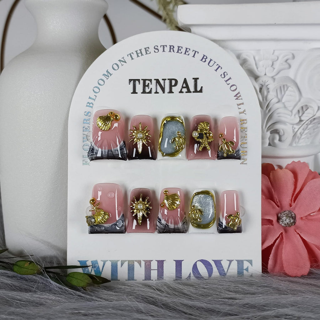 TENPAL Duckbill Press On Nails – Cat Eye Ocean Metal Design, 10-Piece Glitter Nails