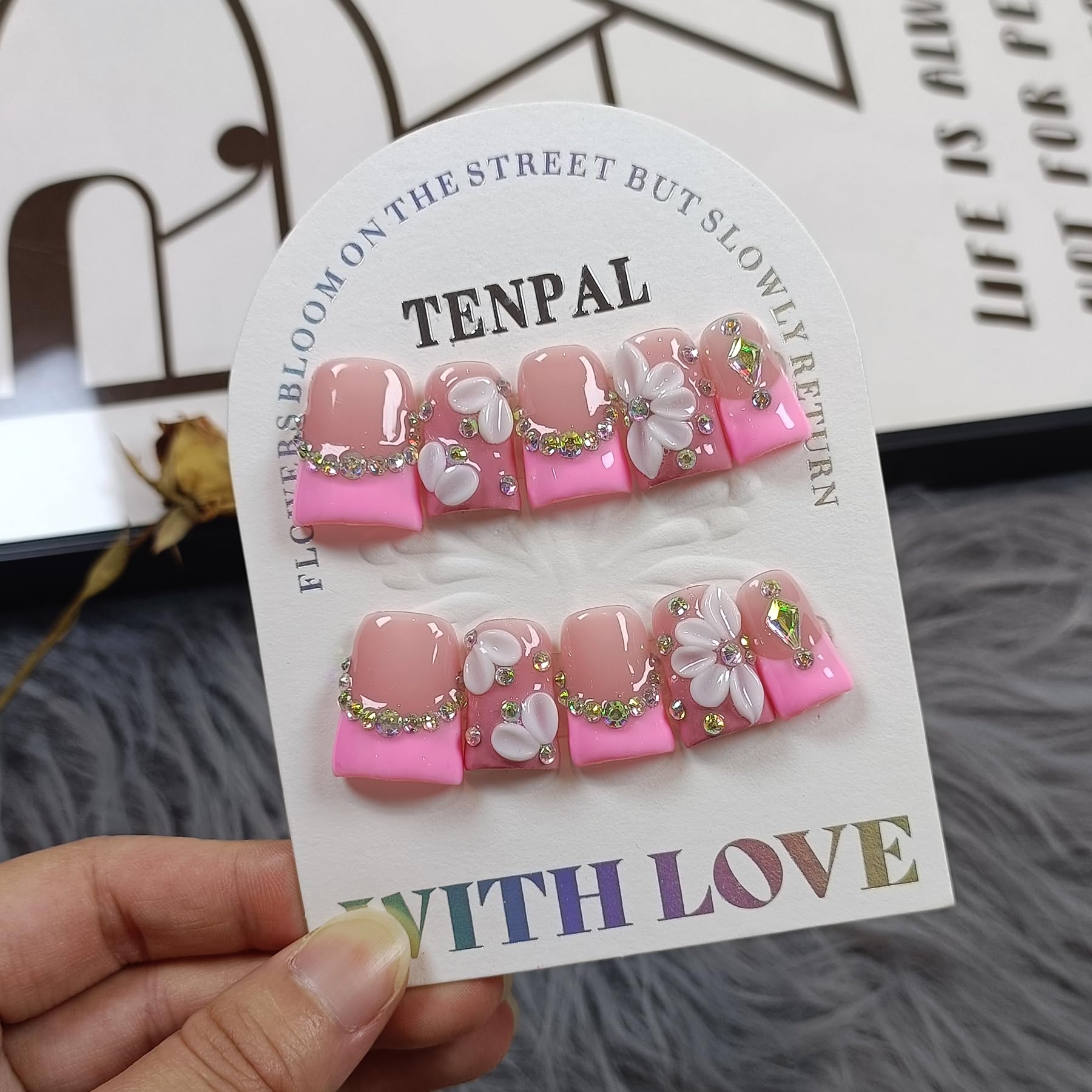 TENPAL Duckbill Shape Handmade Press On Nails Kit | Pink French Floral with 3D Flowers