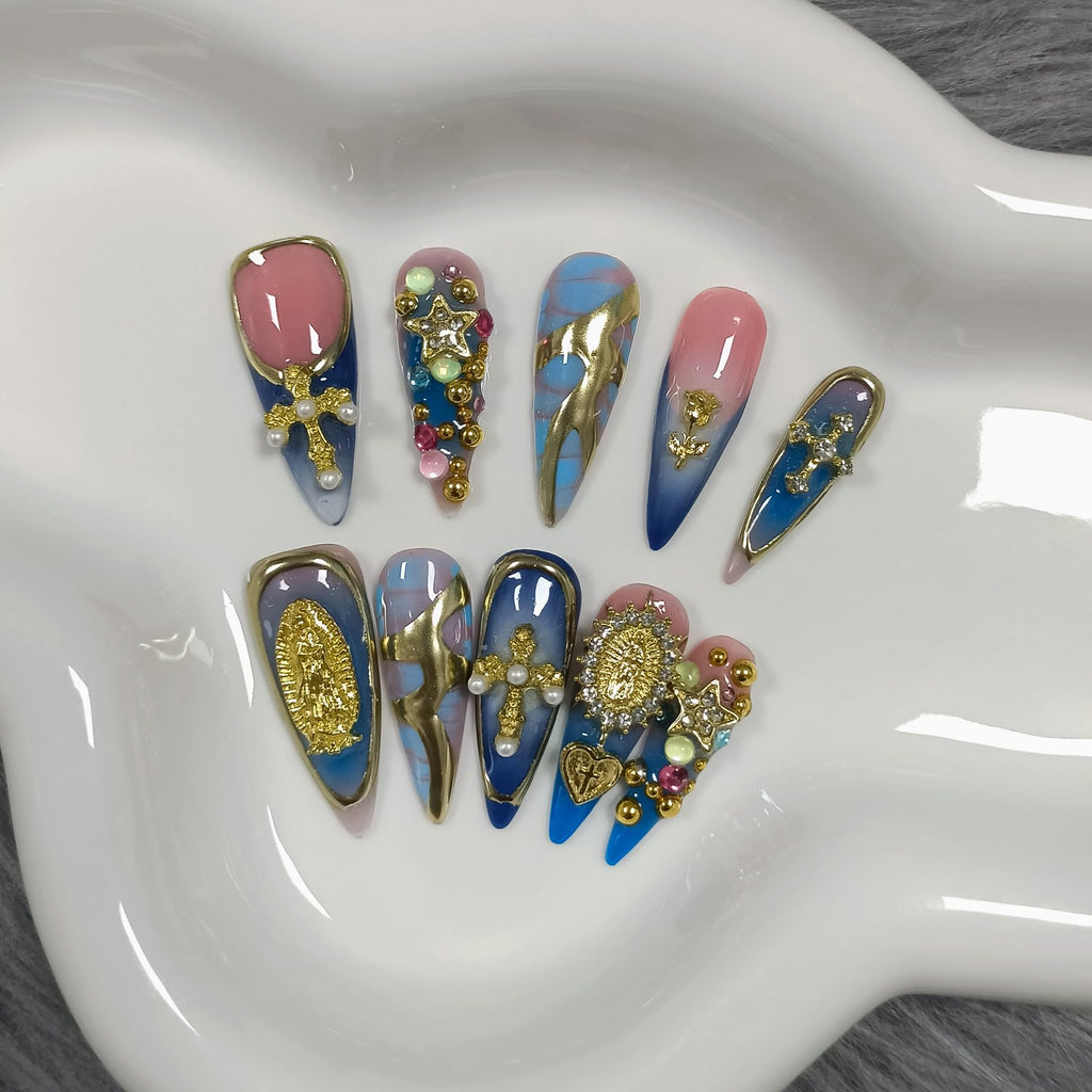 TENPAL 10Pcs Handmade Gothic Press On Nails with Tools – Purple-Blue Snake Ombre Long Stiletto