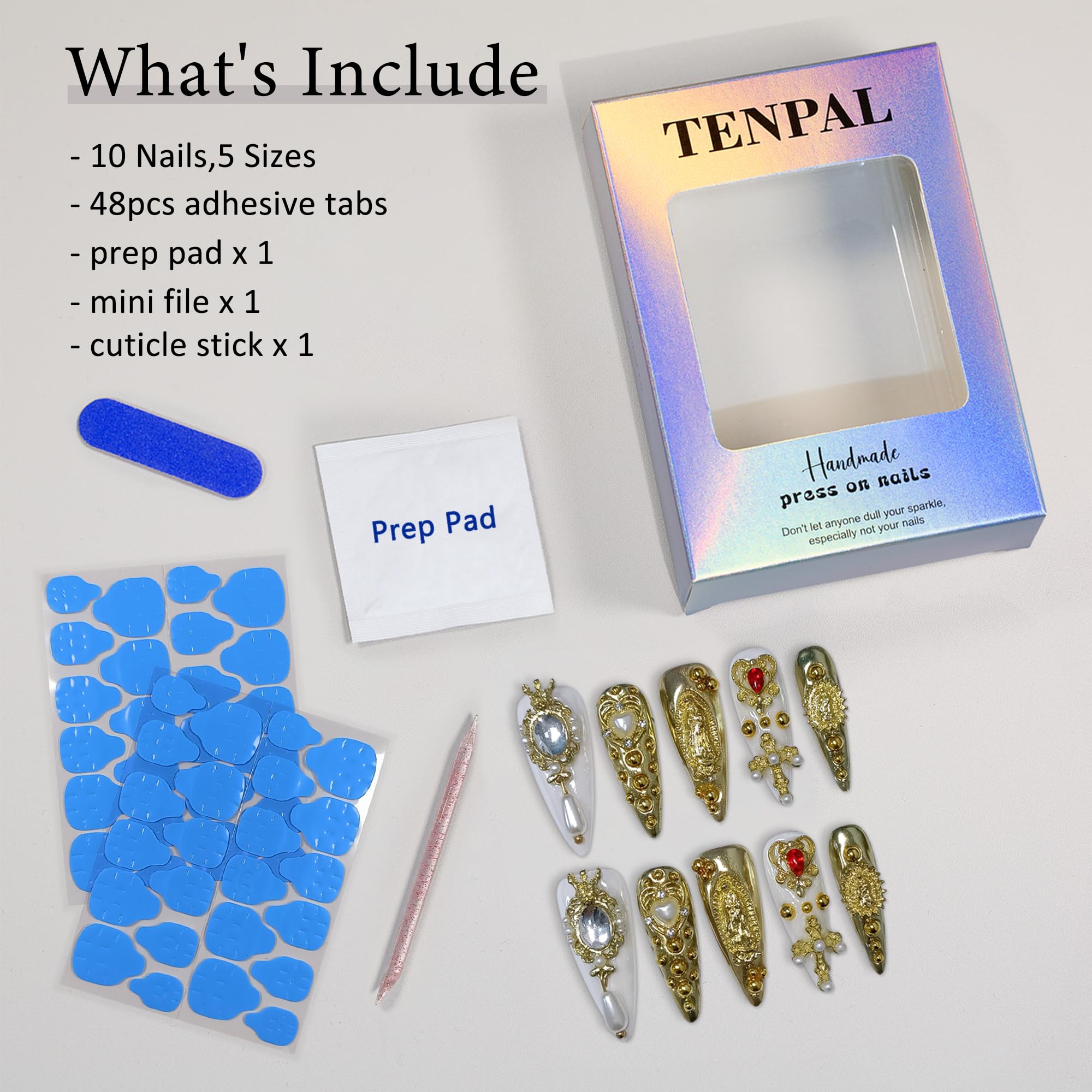 TENPAL 10Pcs Handmade Royal Press On Nails – Gold Stiletto with Pearl & Celestial Charms + Tools